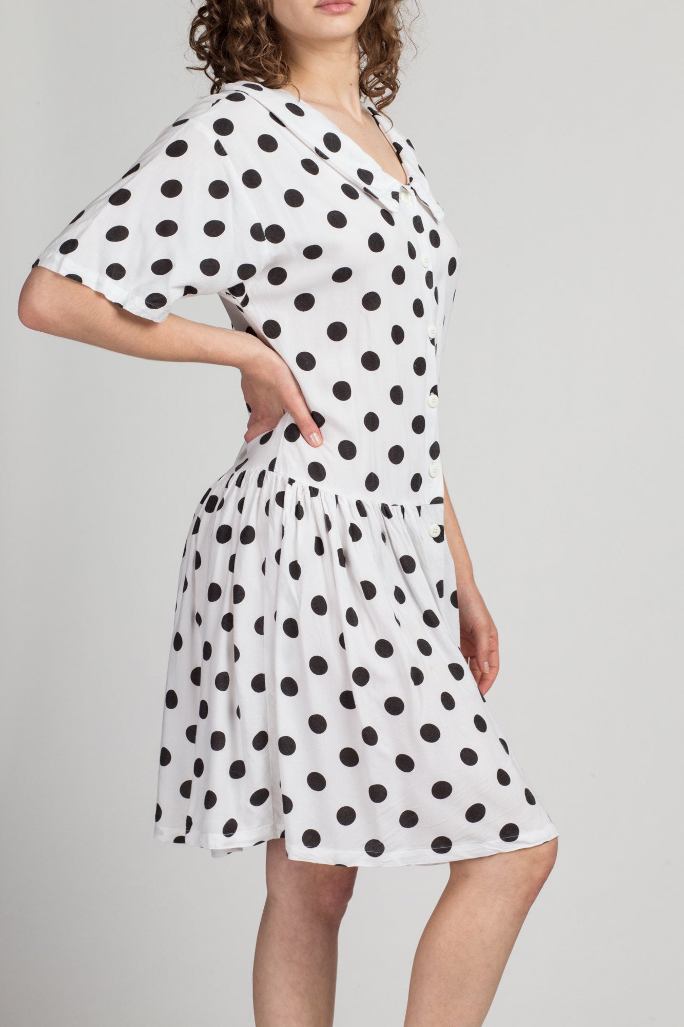 80s Black & White Polka Dot Drop Waist Mini Dress - Large | Vintage Fit Flare Retro Short Sleeve Dress