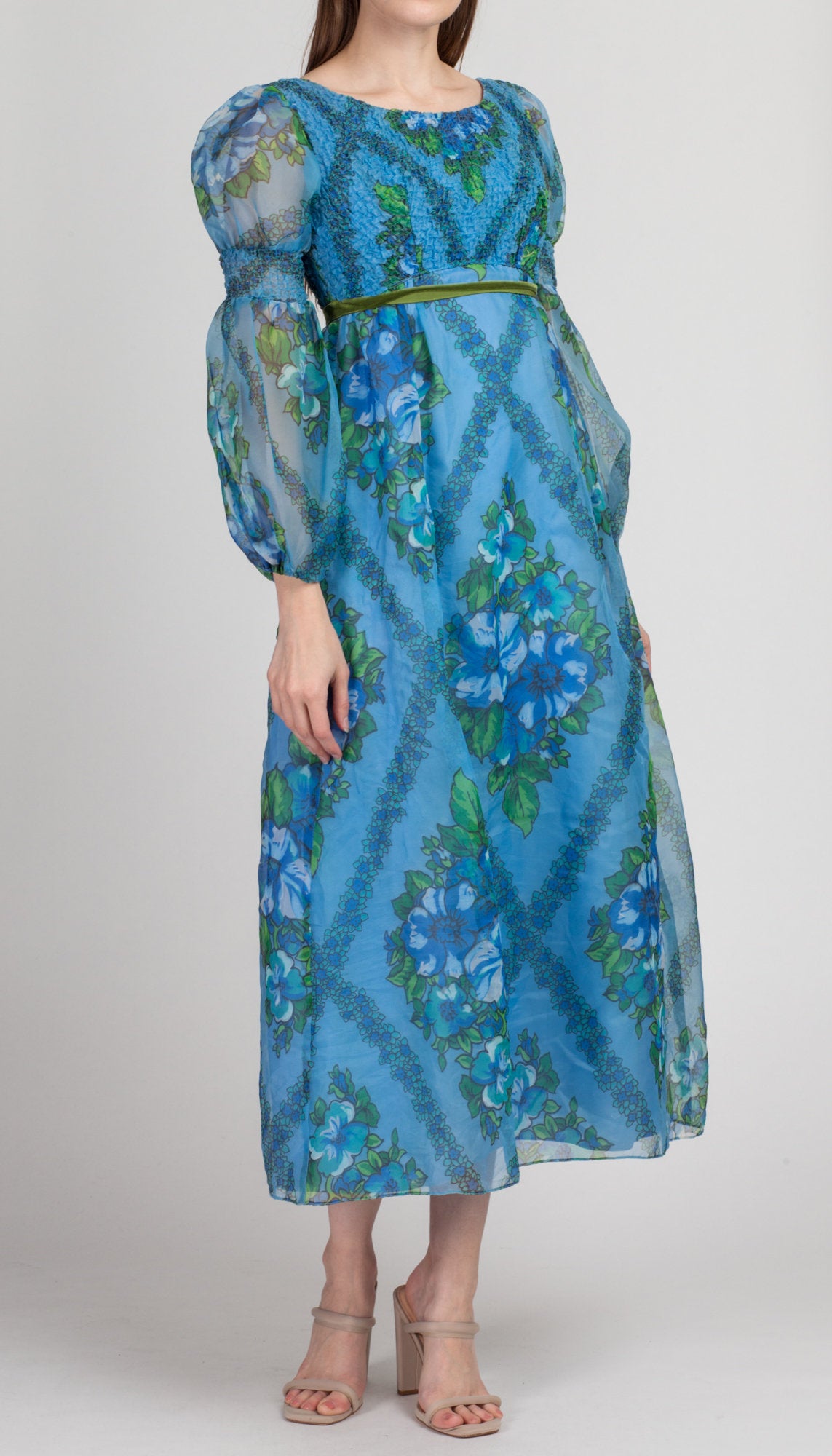 60s Blue Floral Juliet Sleeve Maxi Dress - Petite XS | Vintage Boho Empire Waist Prairie Hippie Dress