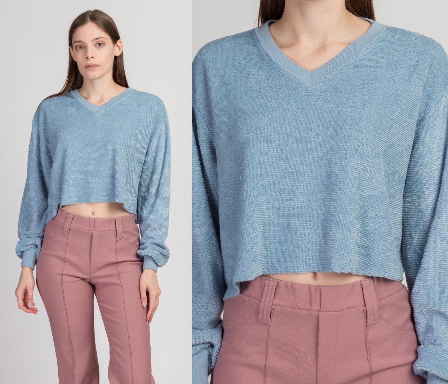 70s 80s Blue Velour Crop Top Sweatshirt - Large to XL | Vintage Long Sleeve Slouchy Cropped Pullover