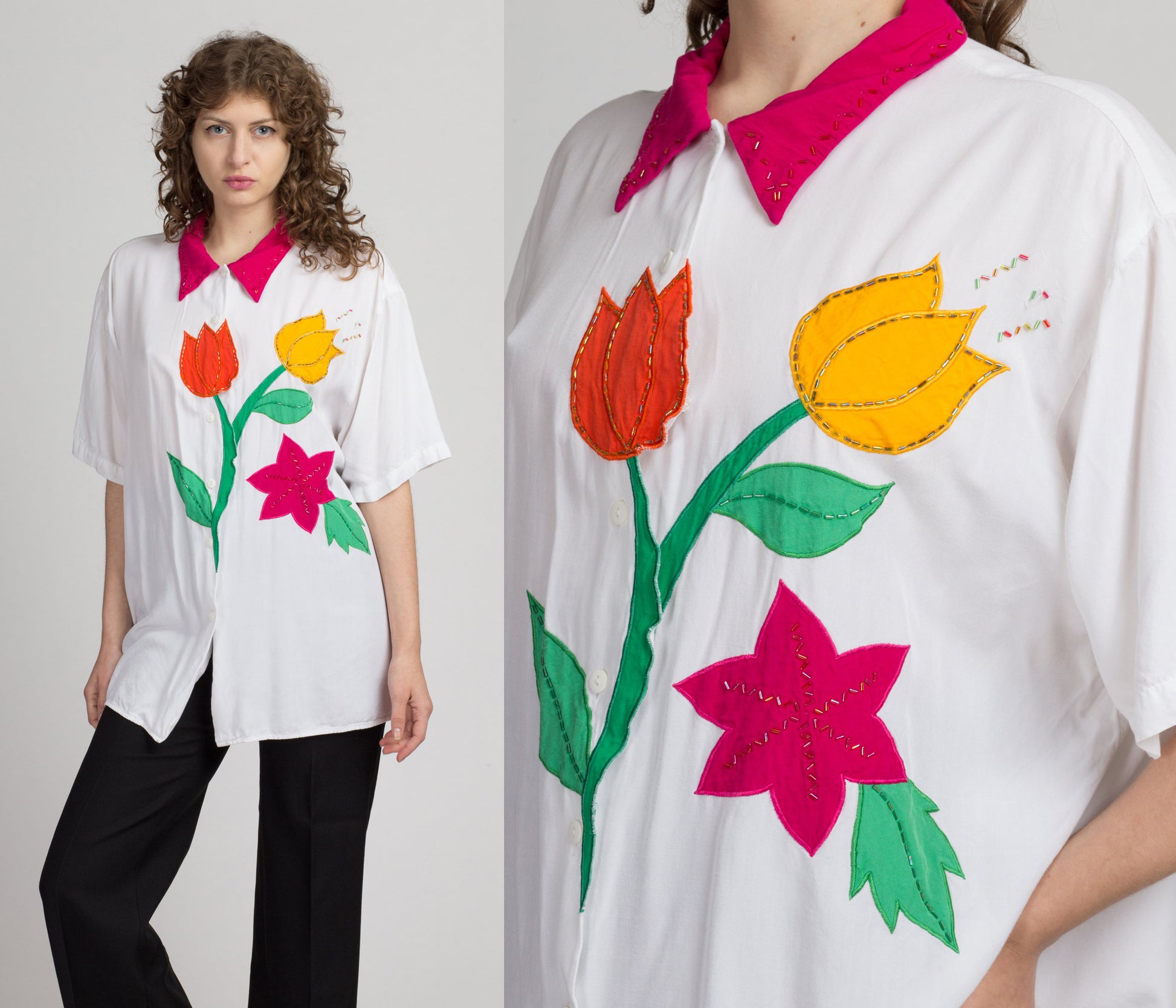 90s Beaded Floral Applique Blouse - 2X | Vintage White Collared Short Sleeve Button Up Novelty Top