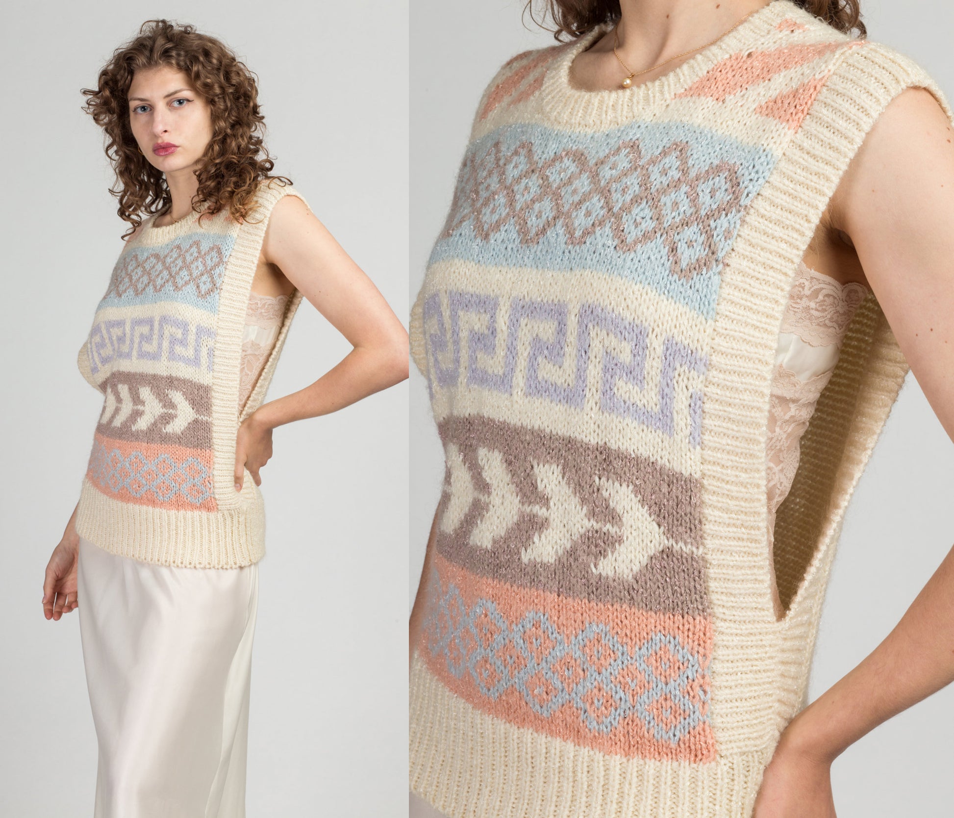 80s 90s Hand Knit Low Armhole Sweater - Medium | Vintage Counterparts Abstract Sleeveless Pullover Top