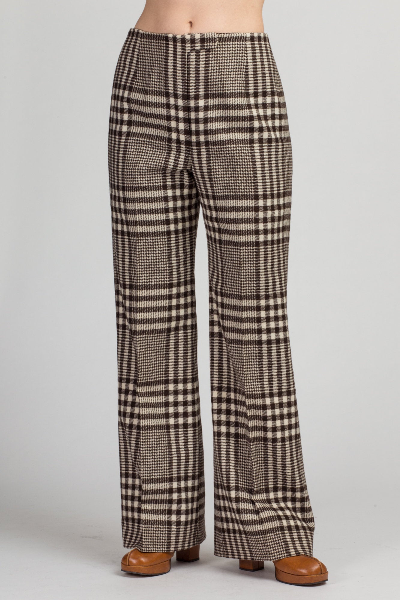 70s Plaid High Waisted Pants - Men&#39;s Small, Women&#39;s Medium, 29&quot; | Vintage Bullock&#39;s Wilshire Brown Off-White Straight Leg Trousers