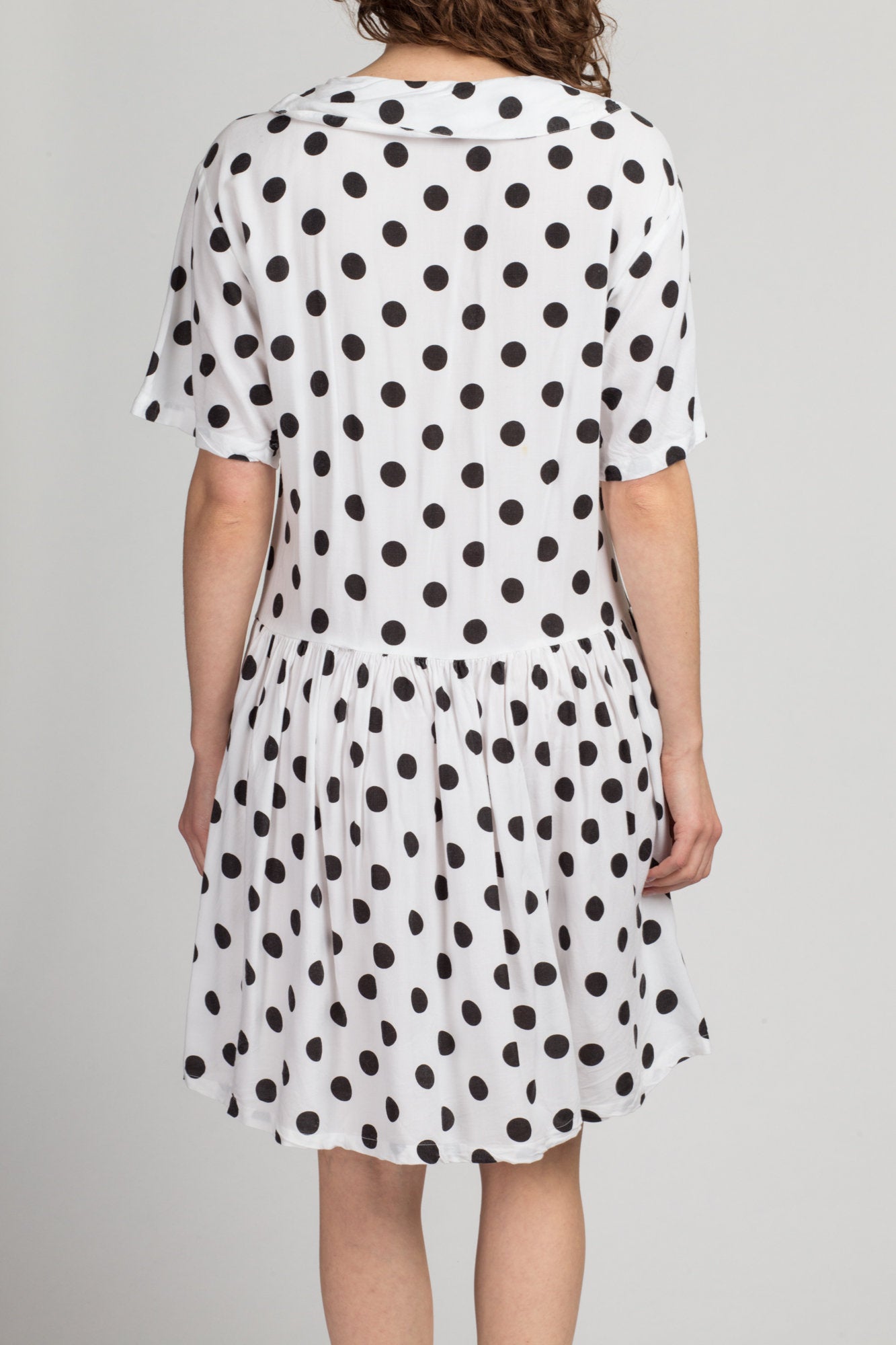 80s Black & White Polka Dot Drop Waist Mini Dress - Large | Vintage Fit Flare Retro Short Sleeve Dress