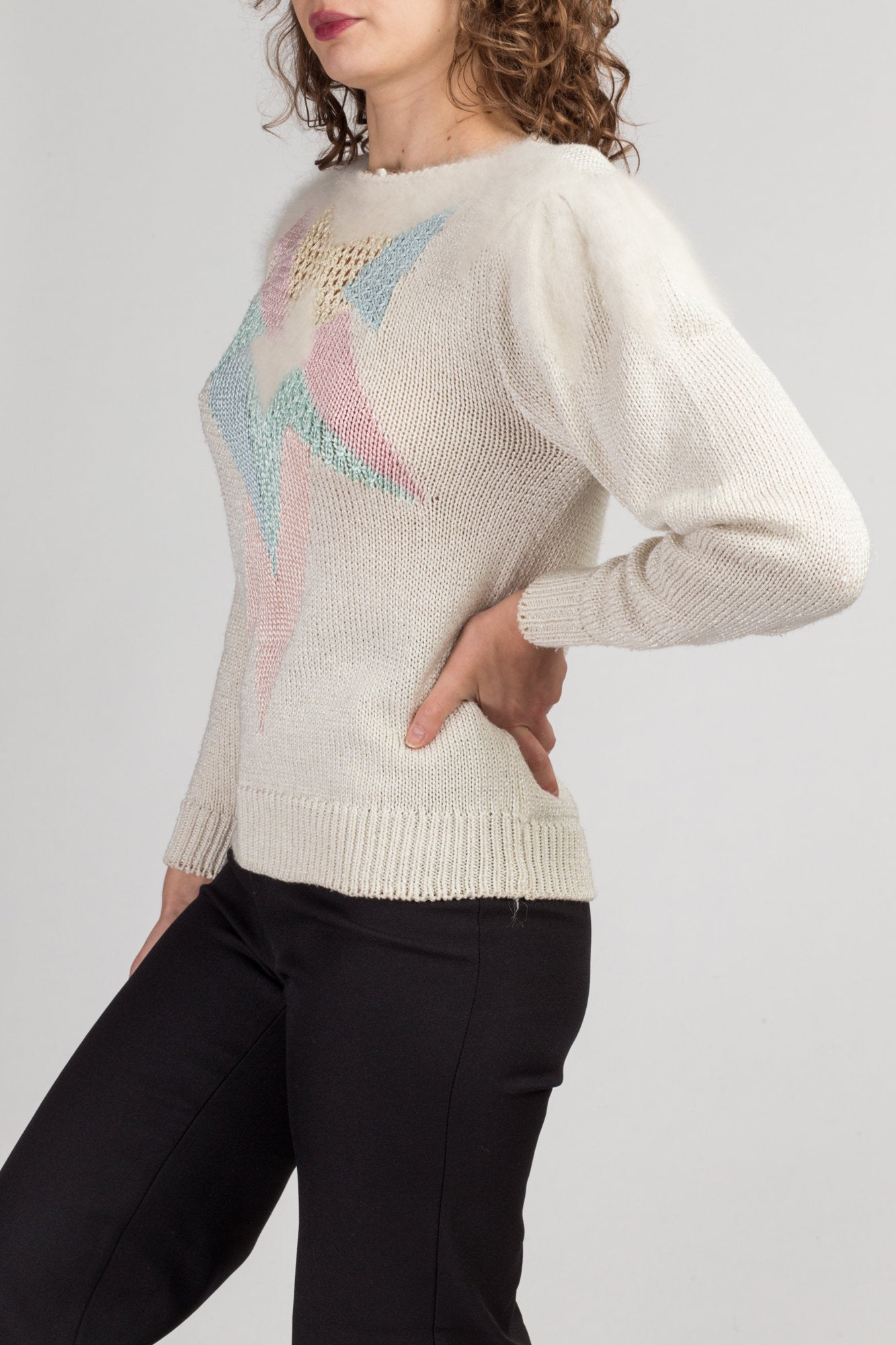 80s Pastel Angora Knit  Sweater - Small | Vintage Cream Long Sleeve Pullover Top