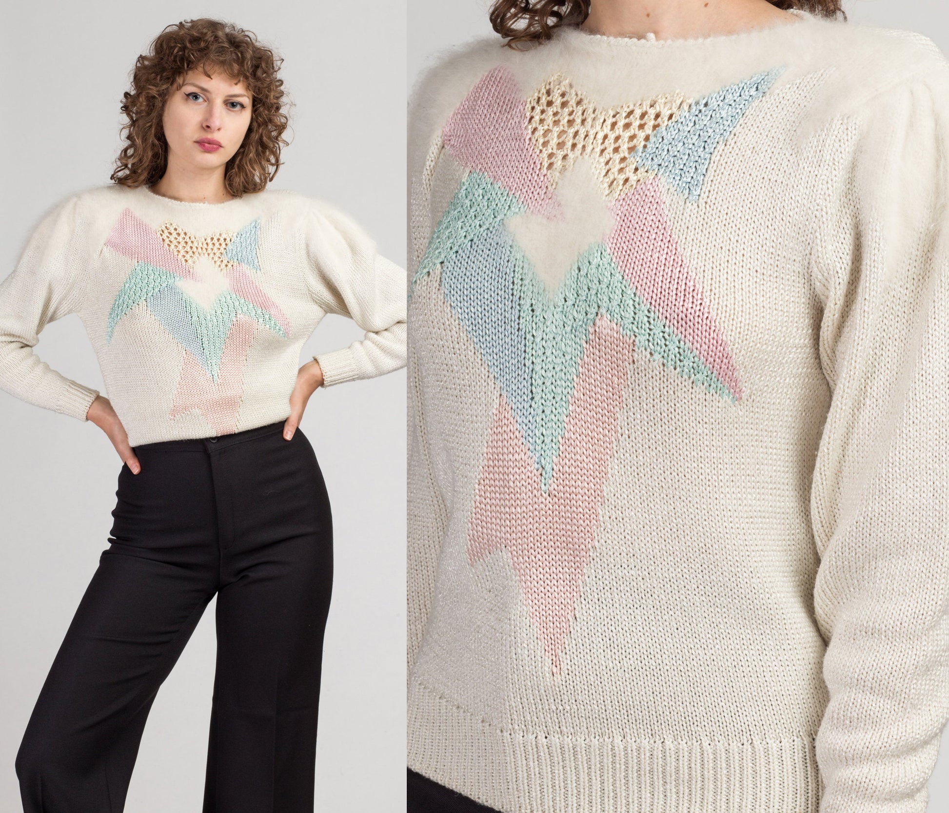 80s Pastel Angora Knit  Sweater - Small | Vintage Cream Long Sleeve Pullover Top