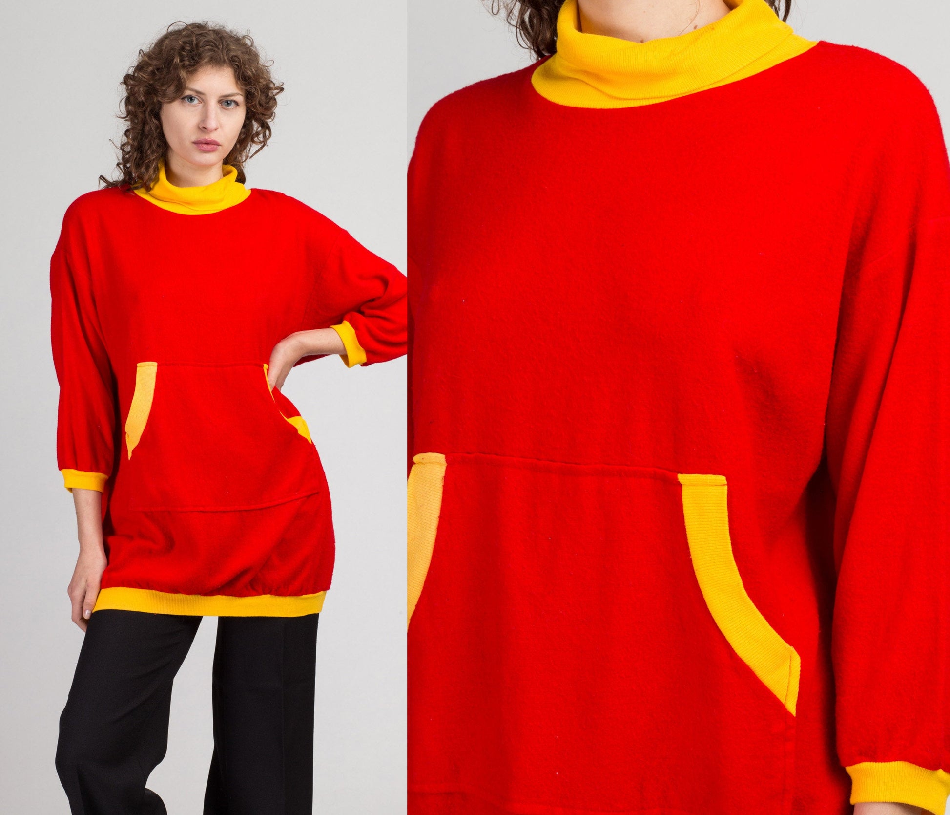 80s Long Red & Yellow Turtleneck Sweatshirt - Large | Vintage Soft Slouchy Pocket Pullover Sweater Dress