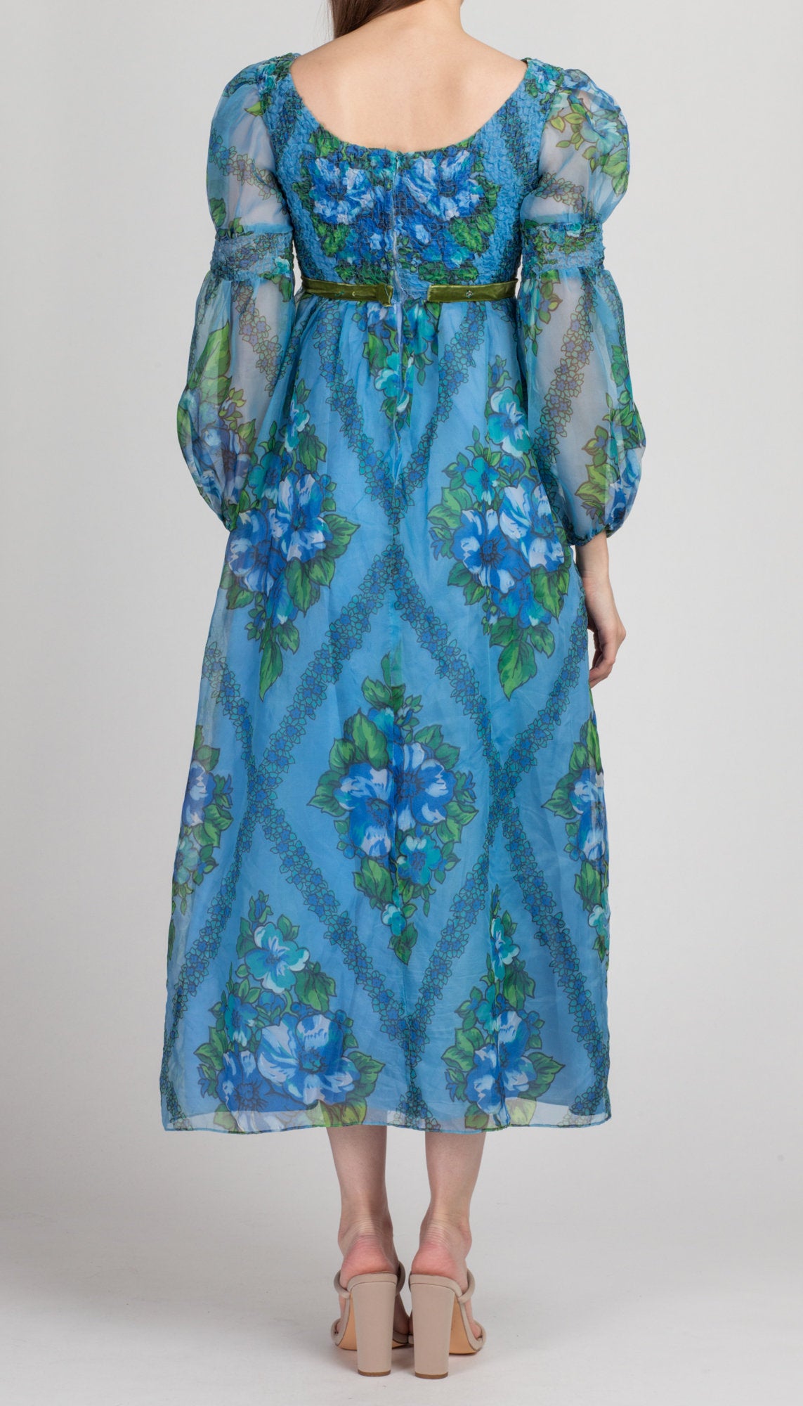 60s Blue Floral Juliet Sleeve Maxi Dress - Petite XS | Vintage Boho Empire Waist Prairie Hippie Dress