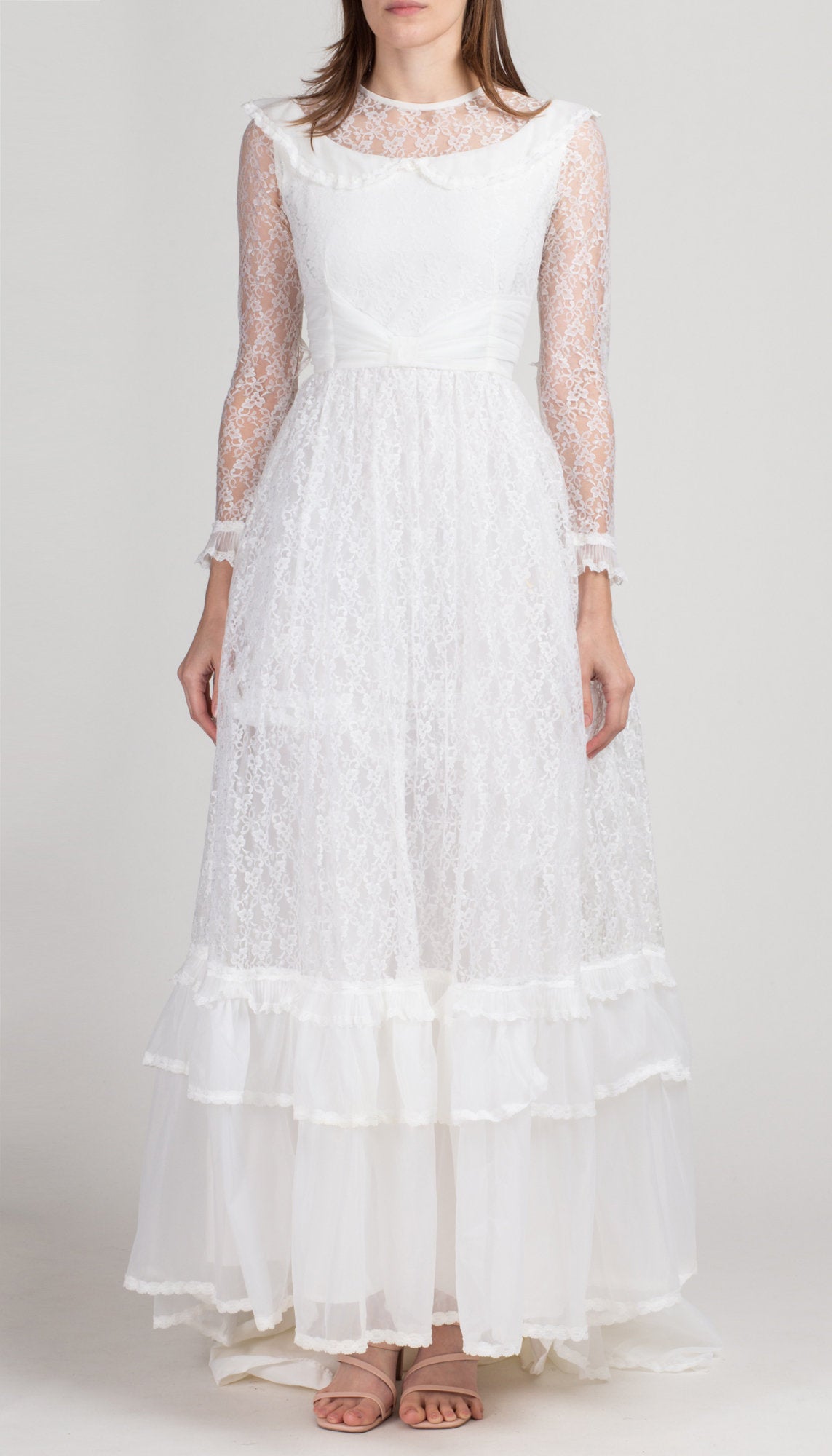 60s 70s Cardiff White Lace Wedding Dress - Petite Extra Small | Vintage Long Sheer Sleeve Full Skirt Bridal Gown