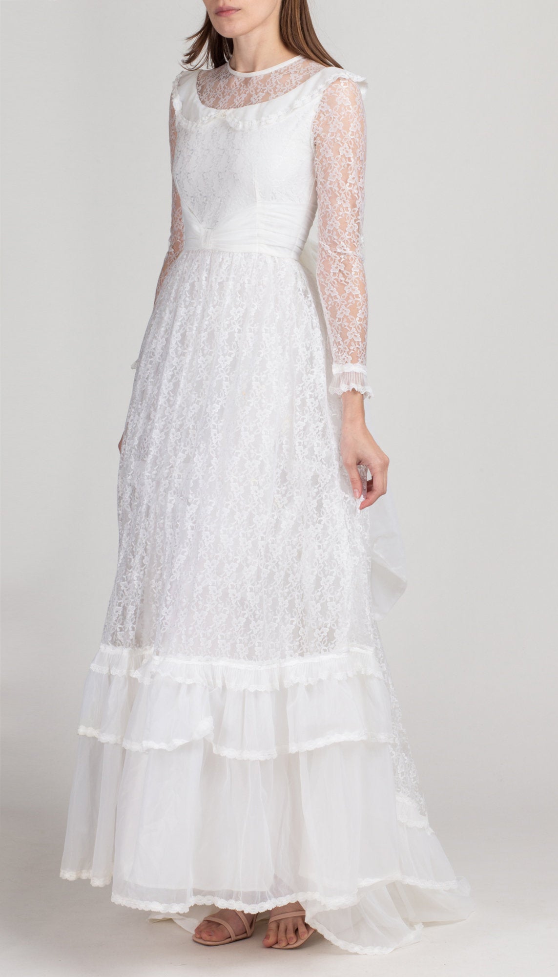 60s 70s Cardiff White Lace Wedding Dress - Petite Extra Small | Vintage Long Sheer Sleeve Full Skirt Bridal Gown