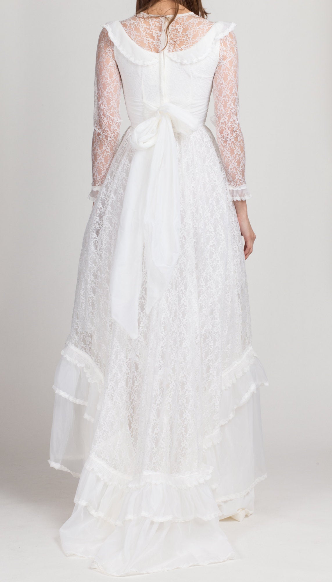 60s 70s Cardiff White Lace Wedding Dress - Petite Extra Small | Vintage Long Sheer Sleeve Full Skirt Bridal Gown