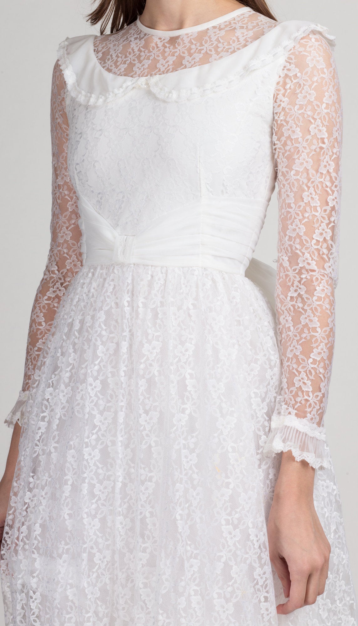 60s 70s Cardiff White Lace Wedding Dress - Petite Extra Small | Vintage Long Sheer Sleeve Full Skirt Bridal Gown