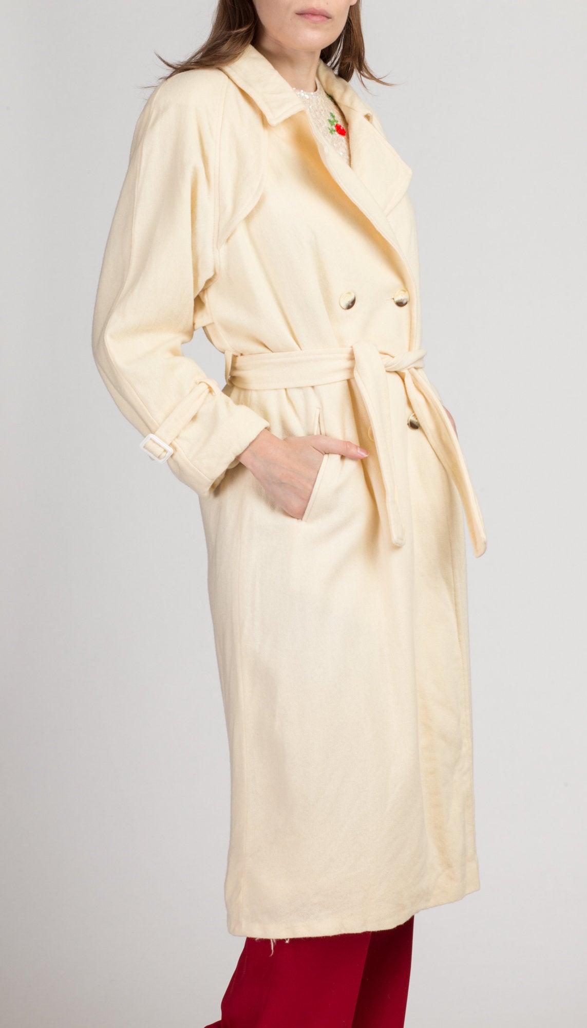 Vintage Cream Wool Belted Overcoat - Large | 80s Minimalist Double Breasted Long Coat