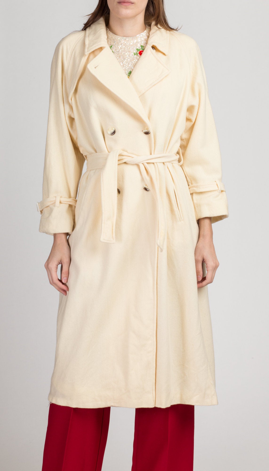 Vintage Cream Wool Belted Overcoat - Large | 80s Minimalist Double Breasted Long Coat
