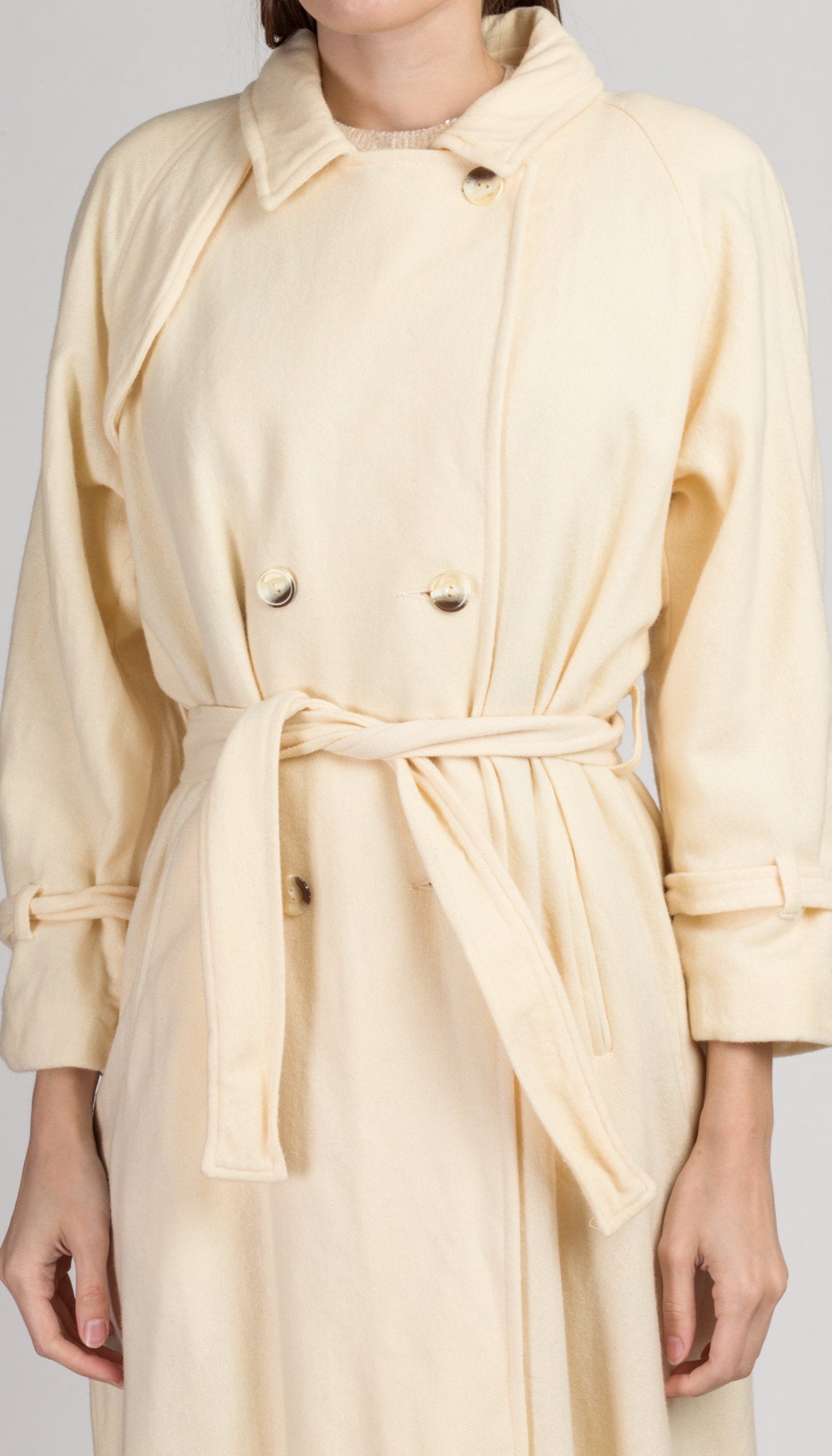 Vintage Cream Wool Belted Overcoat - Large | 80s Minimalist Double Breasted Long Coat