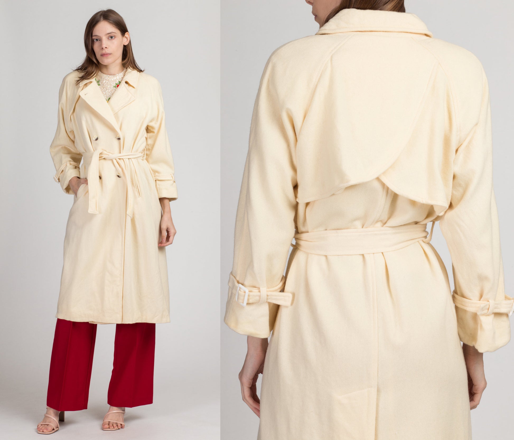 Vintage Cream Wool Belted Overcoat - Large | 80s Minimalist Double Breasted Long Coat