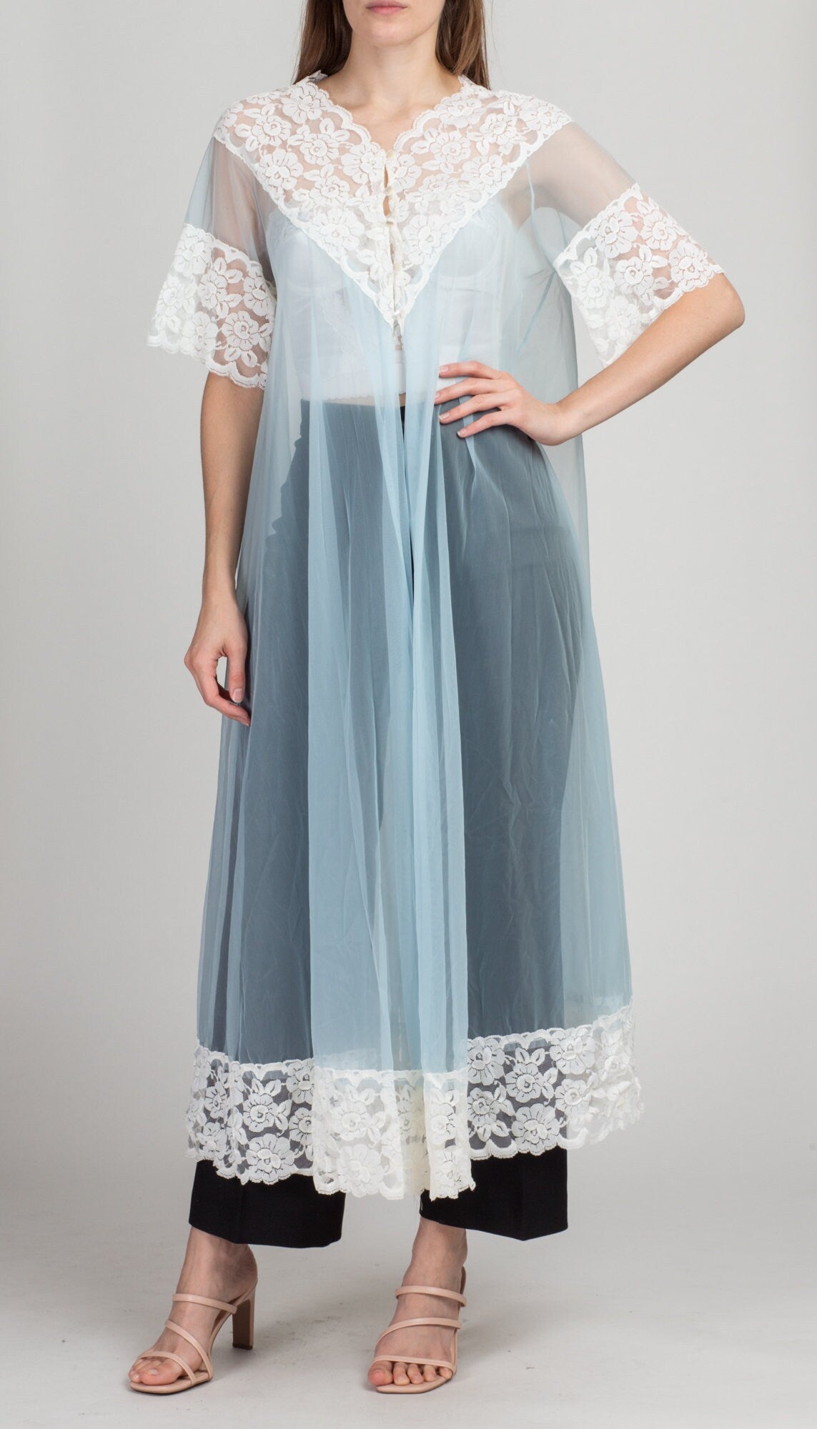 70s Le Voy Blue Lace Trim Peignoir Robe - Small to Medium | Vintage Maxi Negligee Dressing Gown