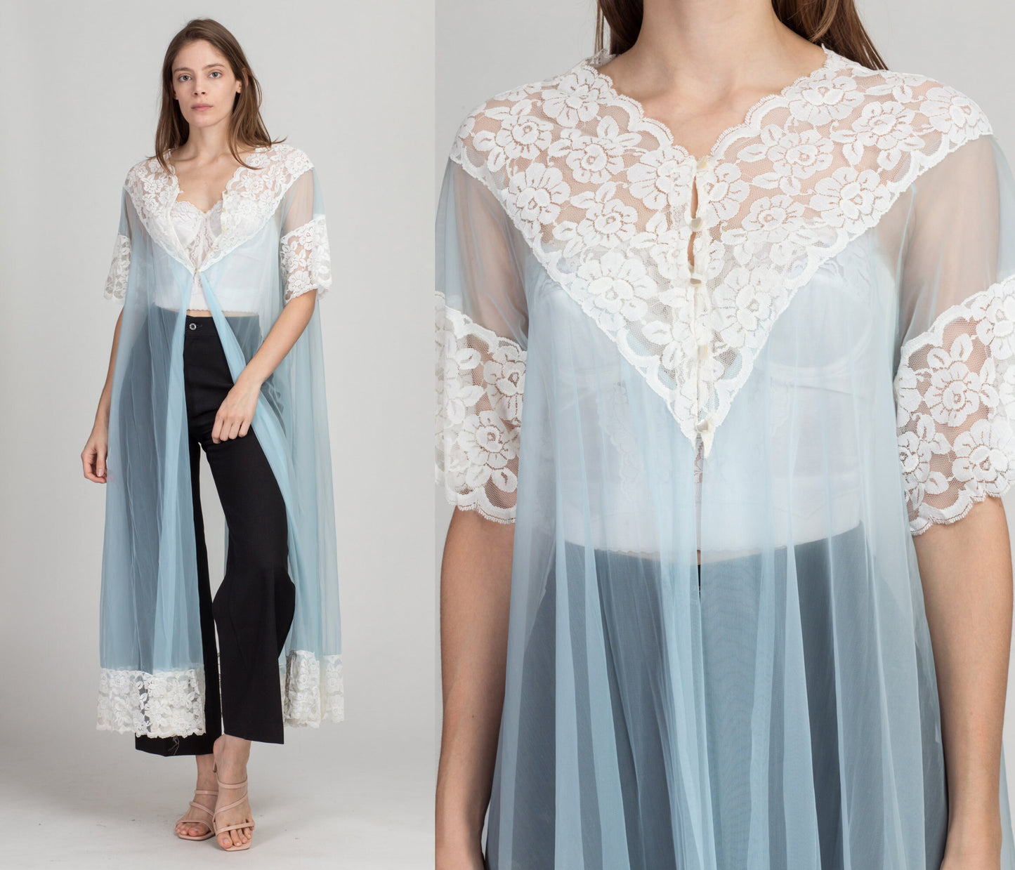 70s Le Voy Blue Lace Trim Peignoir Robe - Small to Medium | Vintage Maxi Negligee Dressing Gown