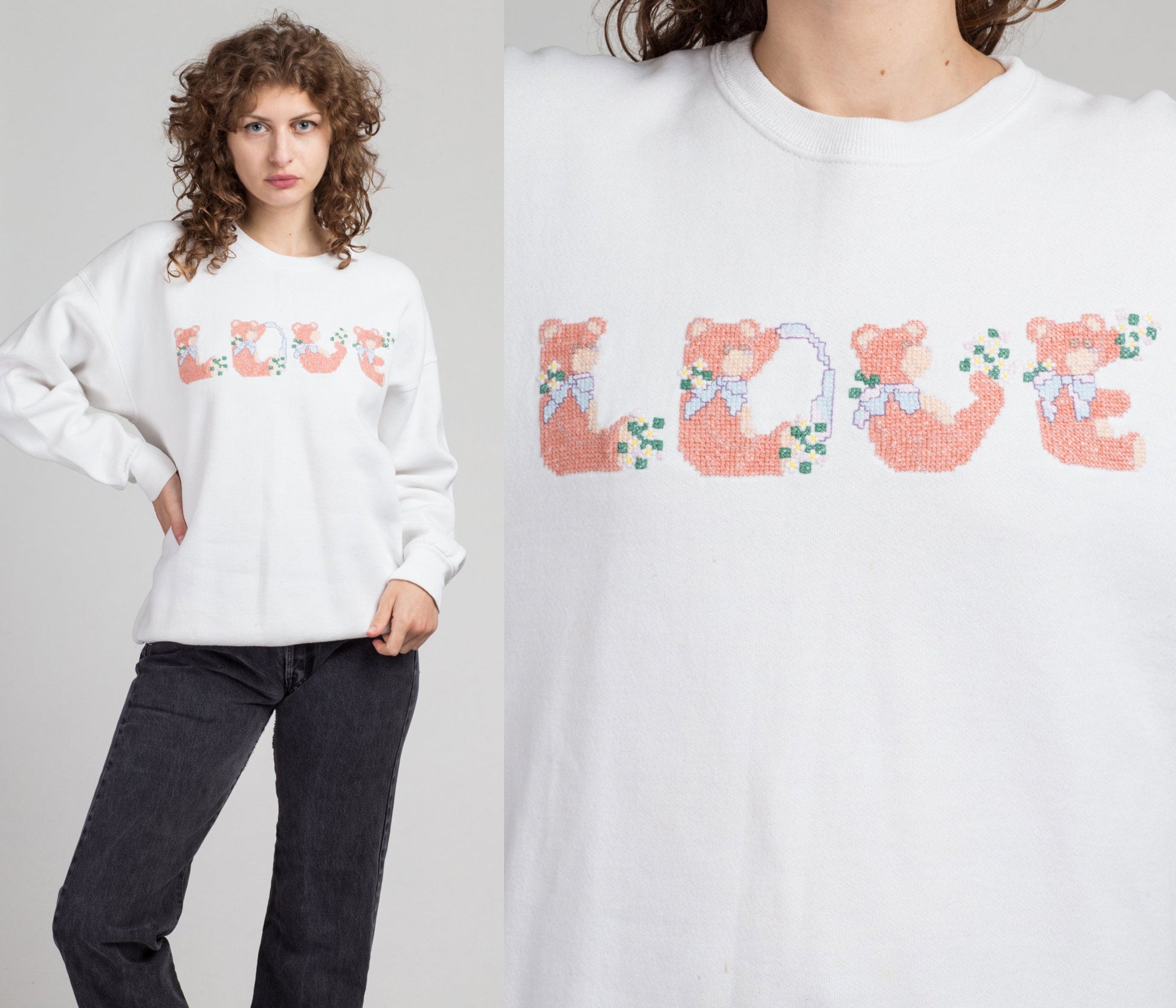 80s Teddy Bear &quot;Love&quot; Sweatshirt - Extra Large | Vintage White Animal Alphabet Graphic Pullover
