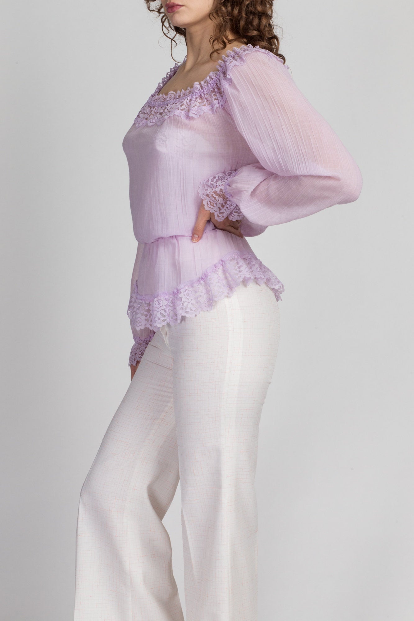70s Boho Lilac Gauzy Blouse - Small to Large | Vintage Sheer Lace Trim Off-Shoulder Crop Top