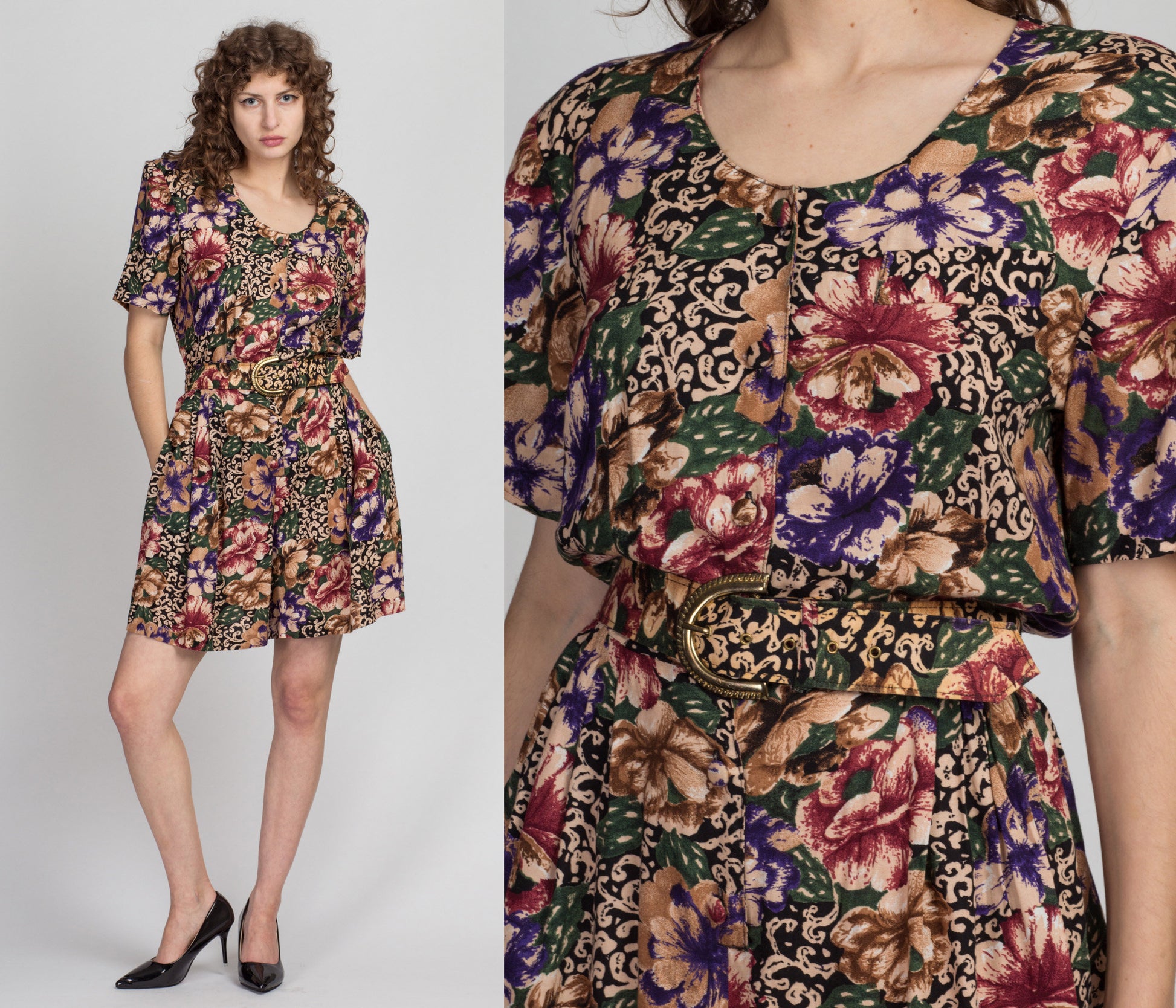 Vintage Floral Belted Romper - Medium to Large | 80s 90s Grunge Button Up Outfit