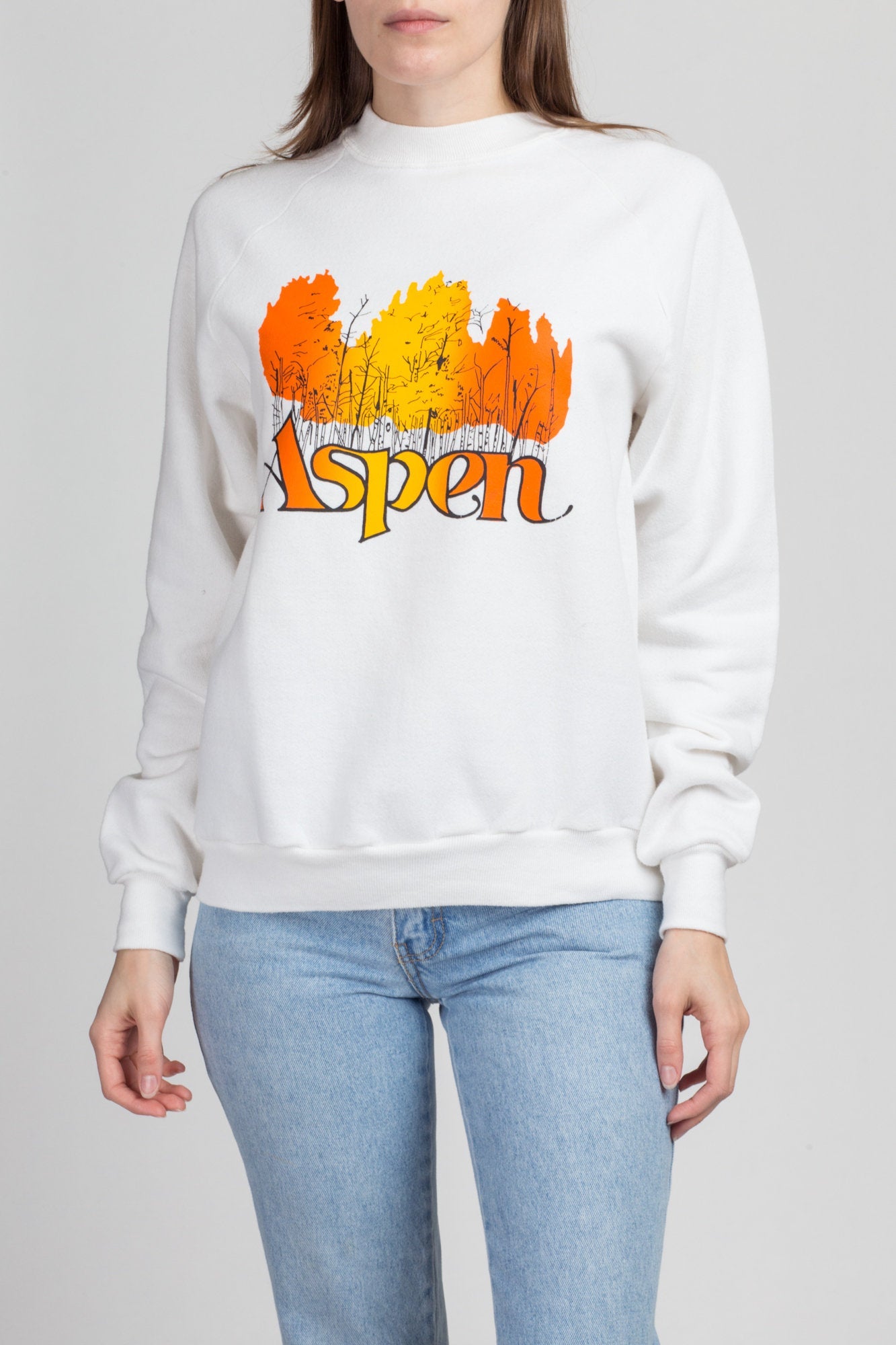 80s Aspen Autumn Leaves Sweatshirt - Medium | Vintage Fall Trees White Raglan Sleeve Graphic Tourist Pullover