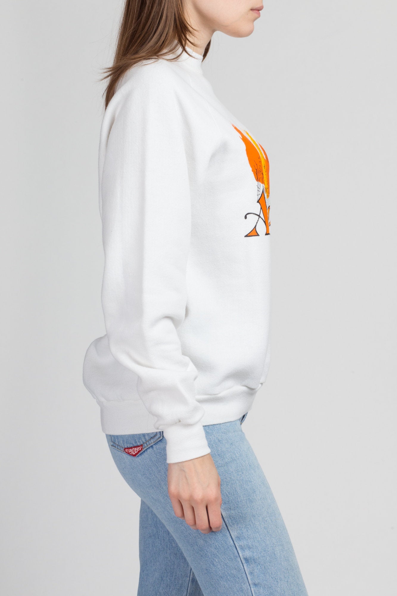 80s Aspen Autumn Leaves Sweatshirt - Medium | Vintage Fall Trees White Raglan Sleeve Graphic Tourist Pullover