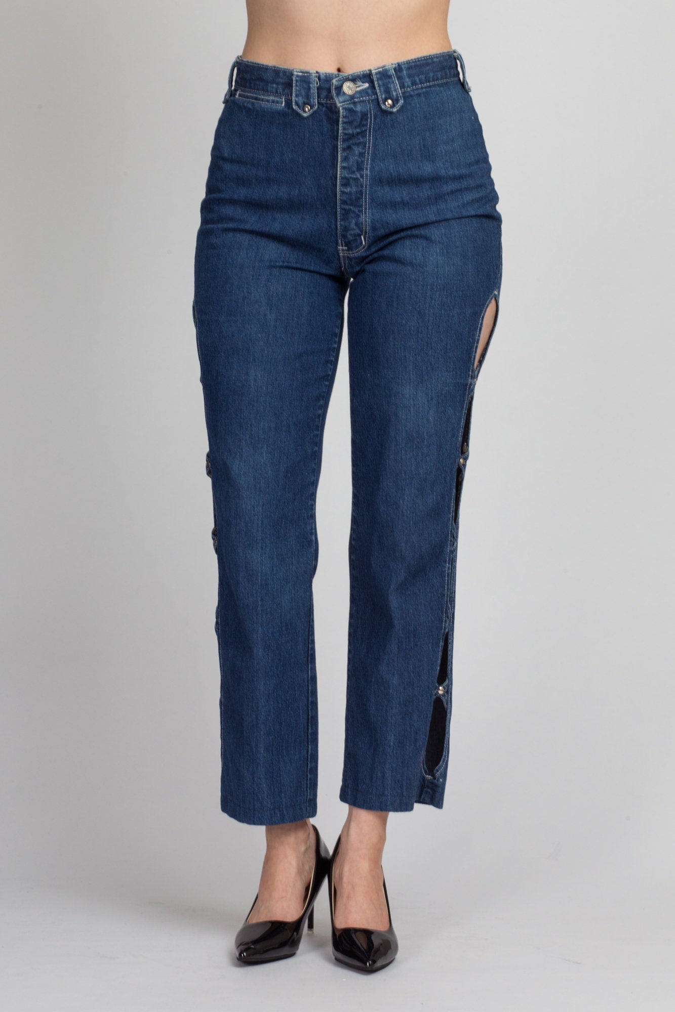 80s Frederick&#39;s Of Hollywood Cut Out Jeans - Medium, 28&quot; | Vintage High Waisted Blue Denim Mom Jeans