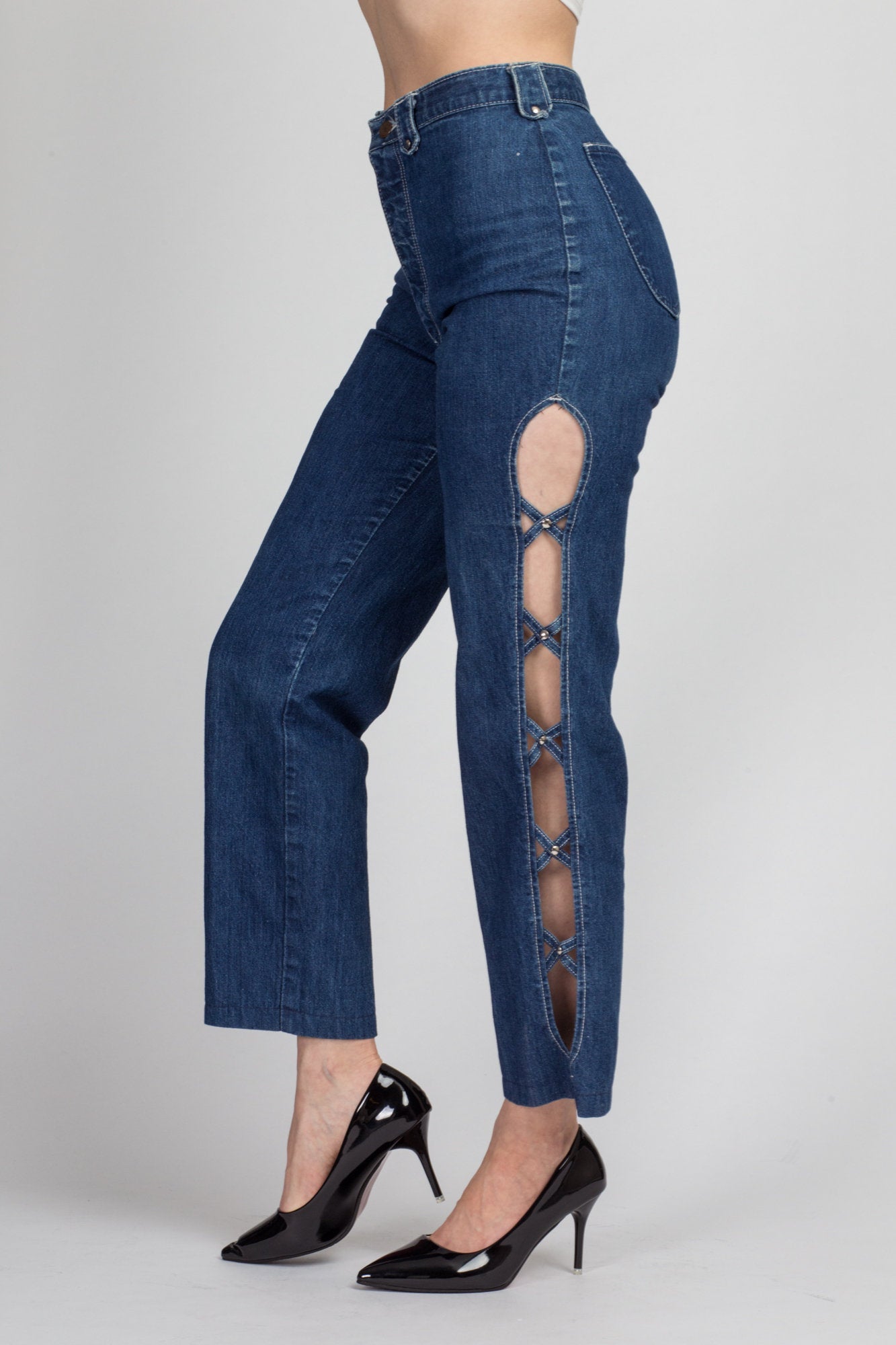 80s Frederick&#39;s Of Hollywood Cut Out Jeans - Medium, 28&quot; | Vintage High Waisted Blue Denim Mom Jeans