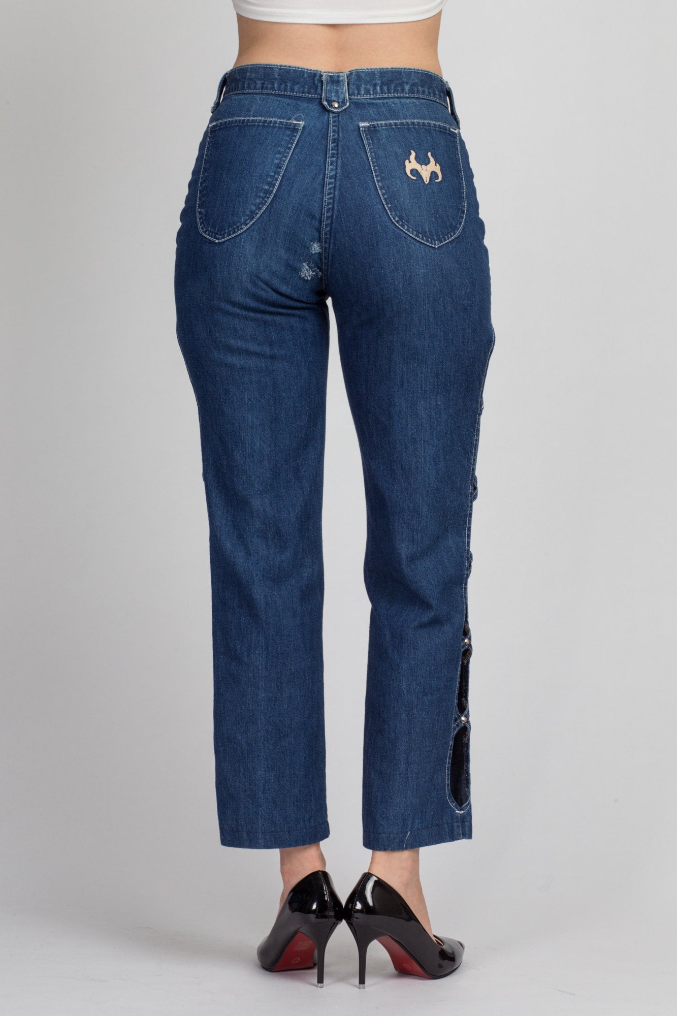 80s Frederick&#39;s Of Hollywood Cut Out Jeans - Medium, 28&quot; | Vintage High Waisted Blue Denim Mom Jeans