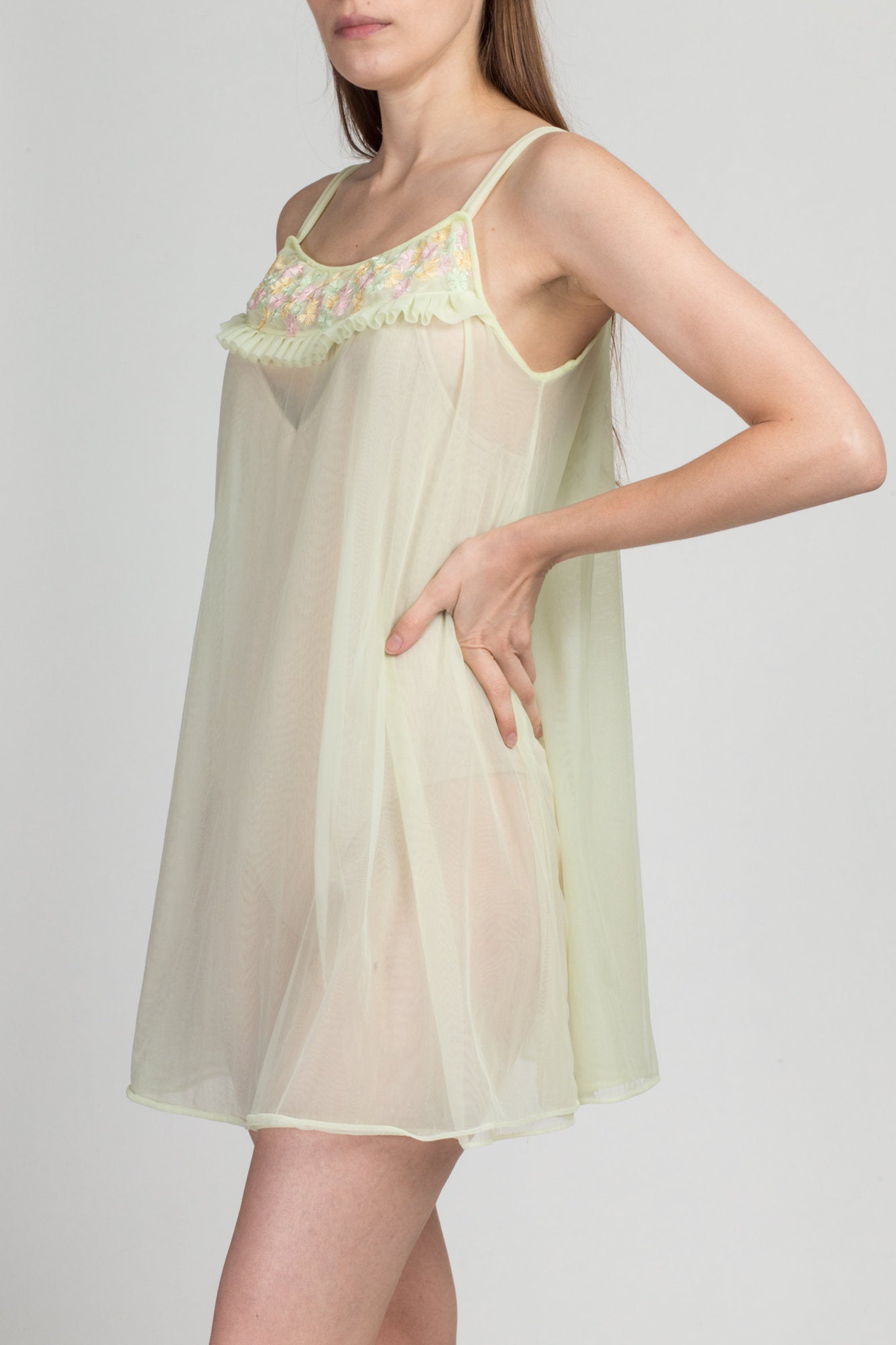 60s Mint Green Floral Trim Babydoll Nightie - Medium | Vintage Sheer Peignoir Mini Negligee Slip Dress