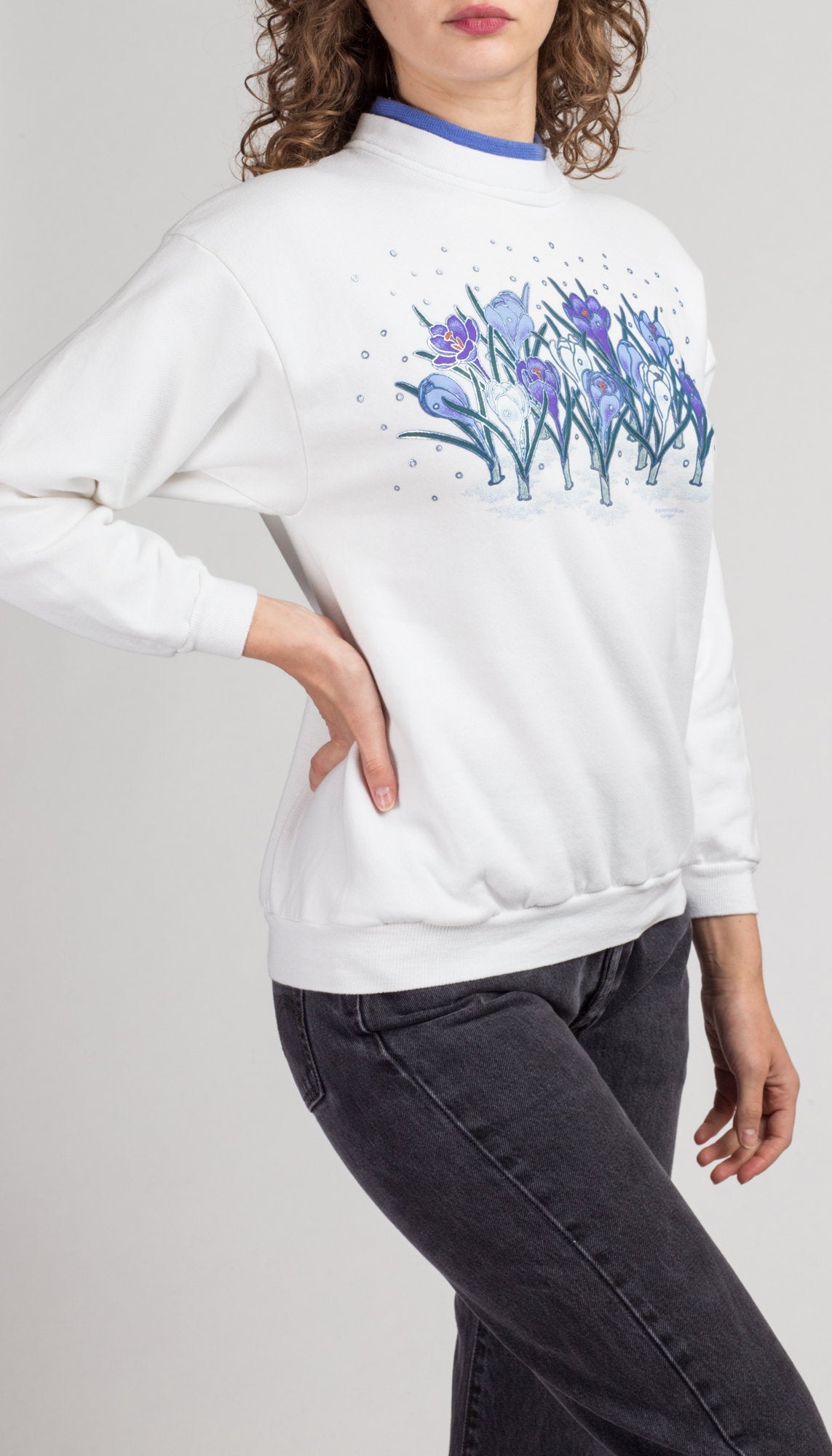 90s Metallic Crocus Flower Sweatshirt - Small | Vintage Floral Graphic Collared Long Sleeve Pullover