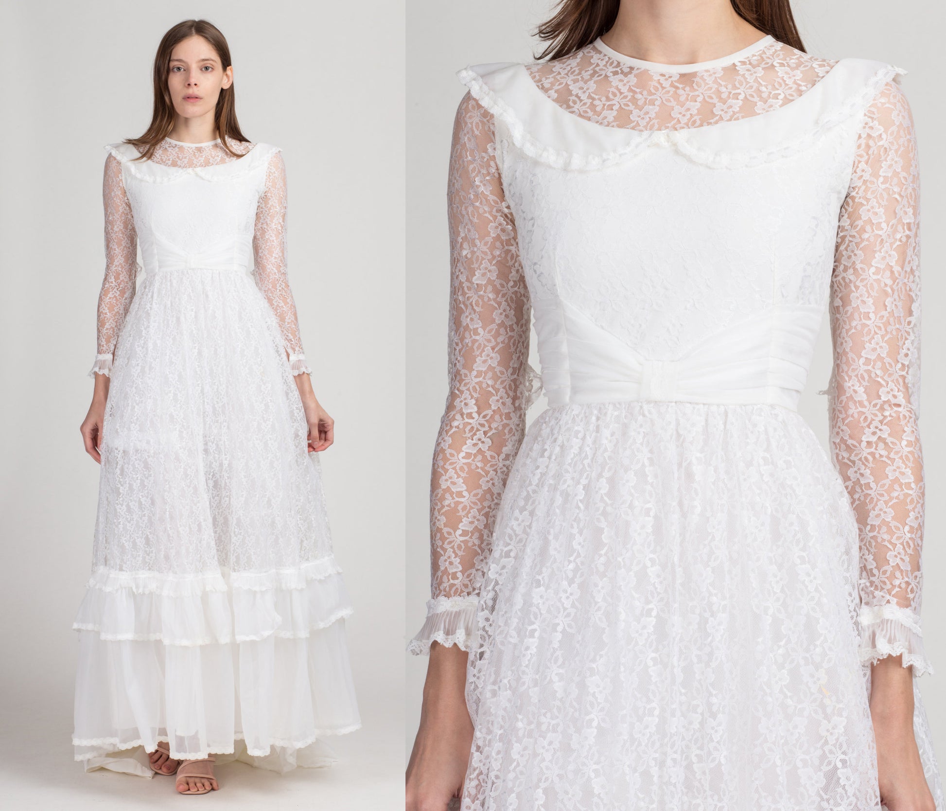60s 70s Cardiff White Lace Wedding Dress - Petite Extra Small | Vintage Long Sheer Sleeve Full Skirt Bridal Gown