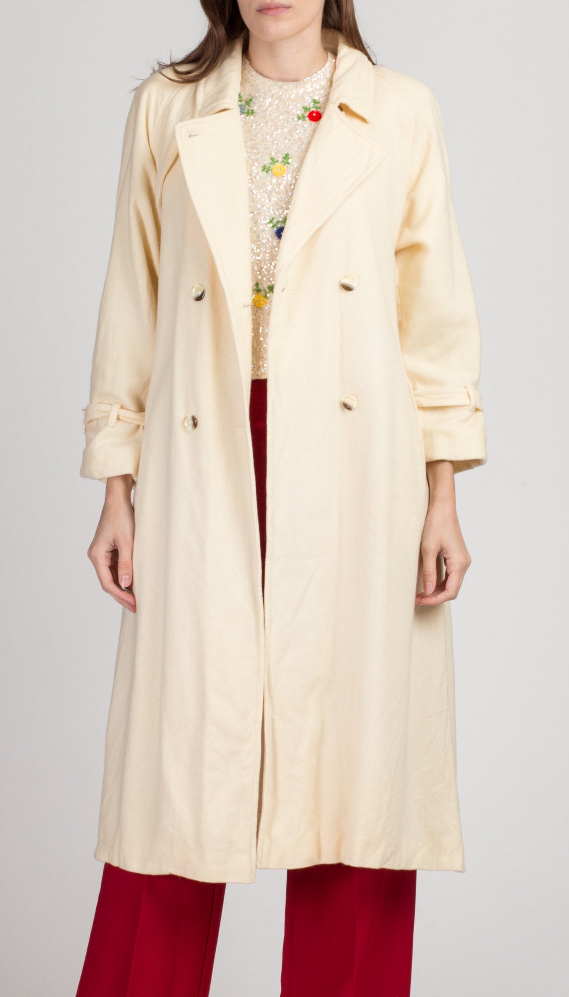 Vintage Cream Wool Belted Overcoat - Large | 80s Minimalist Double Breasted Long Coat