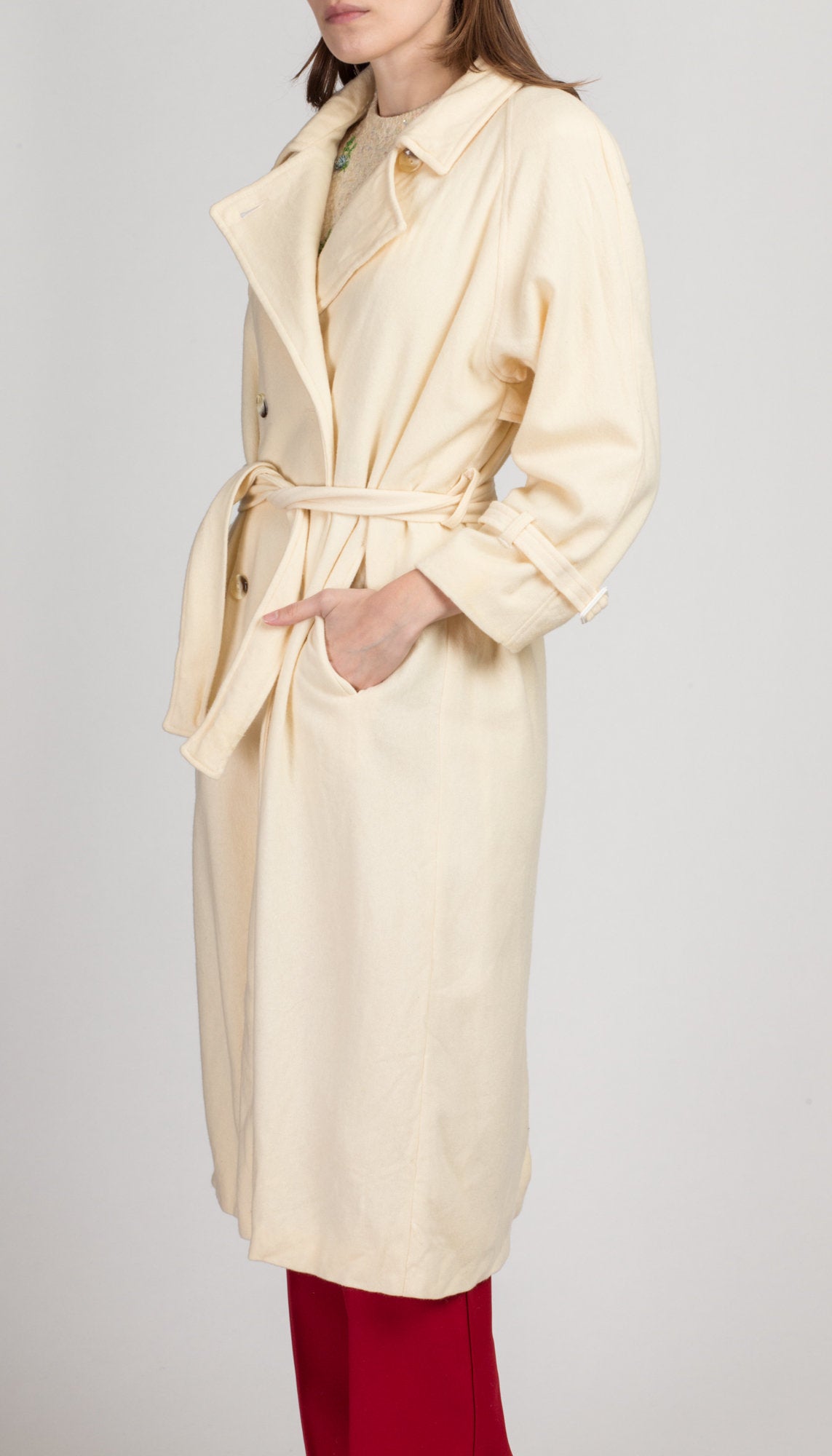 Vintage Cream Wool Belted Overcoat - Large | 80s Minimalist Double Breasted Long Coat