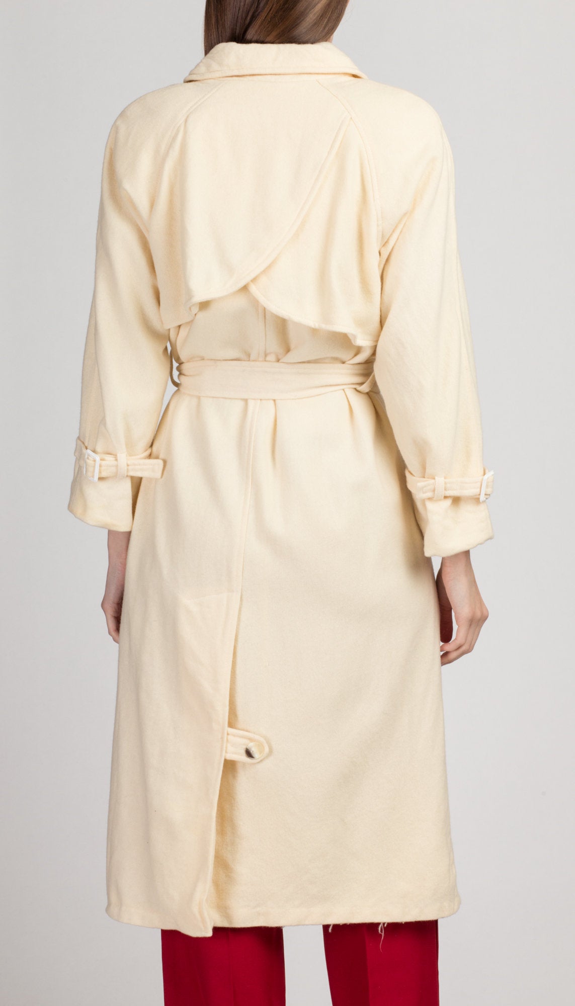 Vintage Cream Wool Belted Overcoat - Large | 80s Minimalist Double Breasted Long Coat