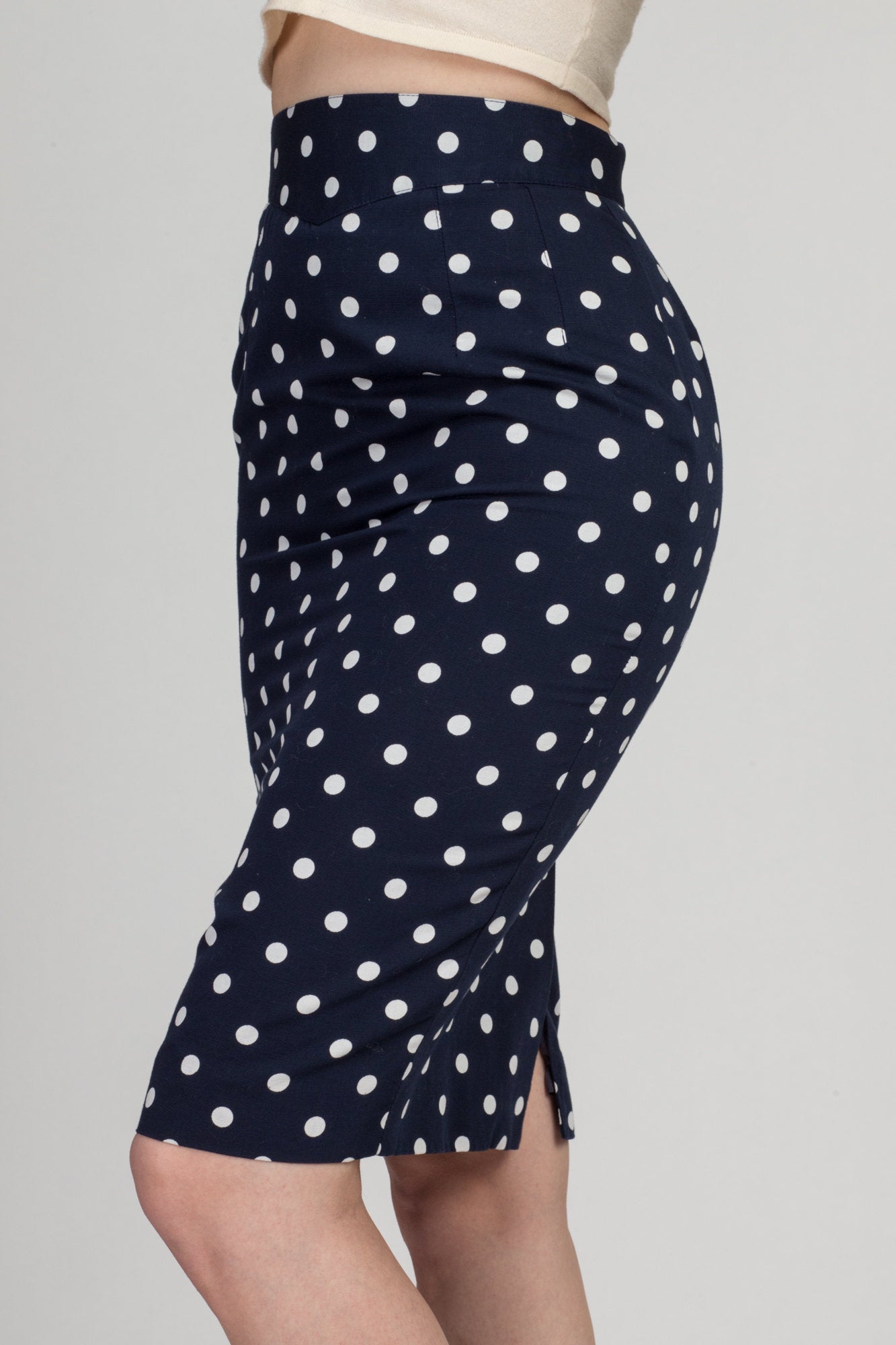 Vintage Premonville Et Dewavrin Navy Blue Polka Dot Mini Skirt - Extra Small, 24&quot; | 90s French Designer High Waist Fitted Pencil Skirt