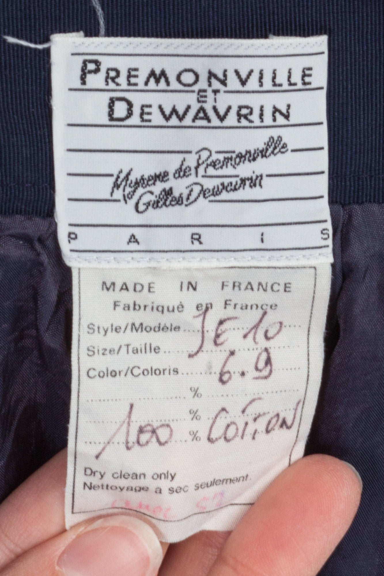 Vintage Premonville Et Dewavrin Navy Blue Polka Dot Mini Skirt - Extra Small, 24&quot; | 90s French Designer High Waist Fitted Pencil Skirt