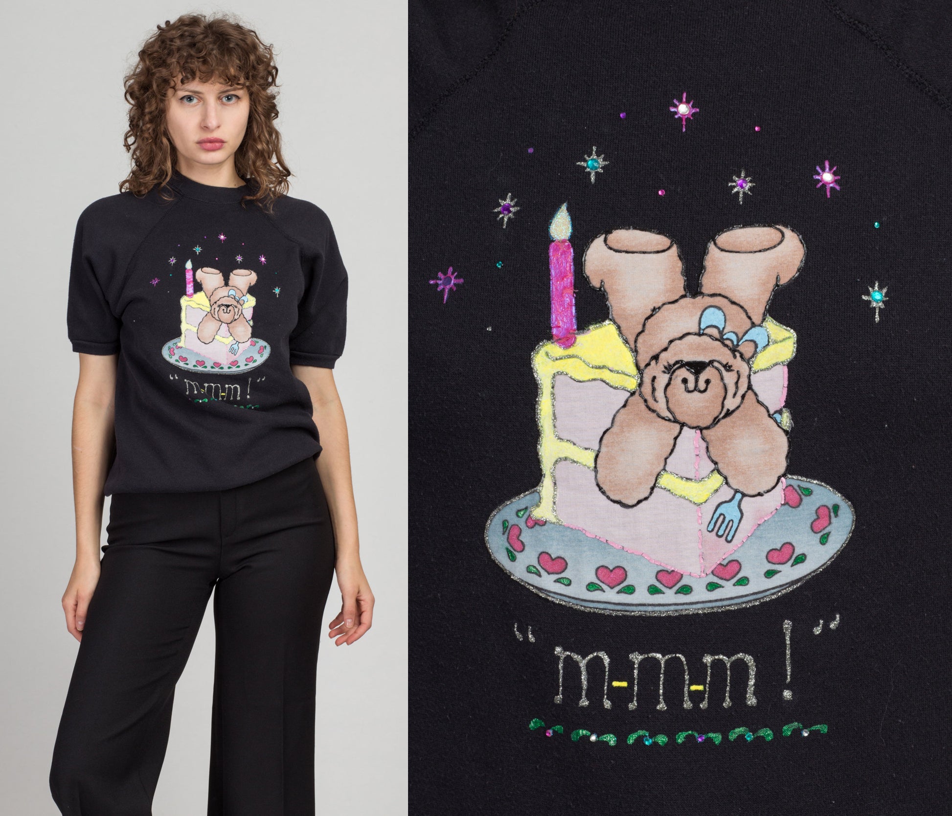 90s &quot;MMM&quot; Cake Puff Paint Sweatshirt - Medium | Vintage Black Teddy Bear Slouchy Short Sleeve Pullover