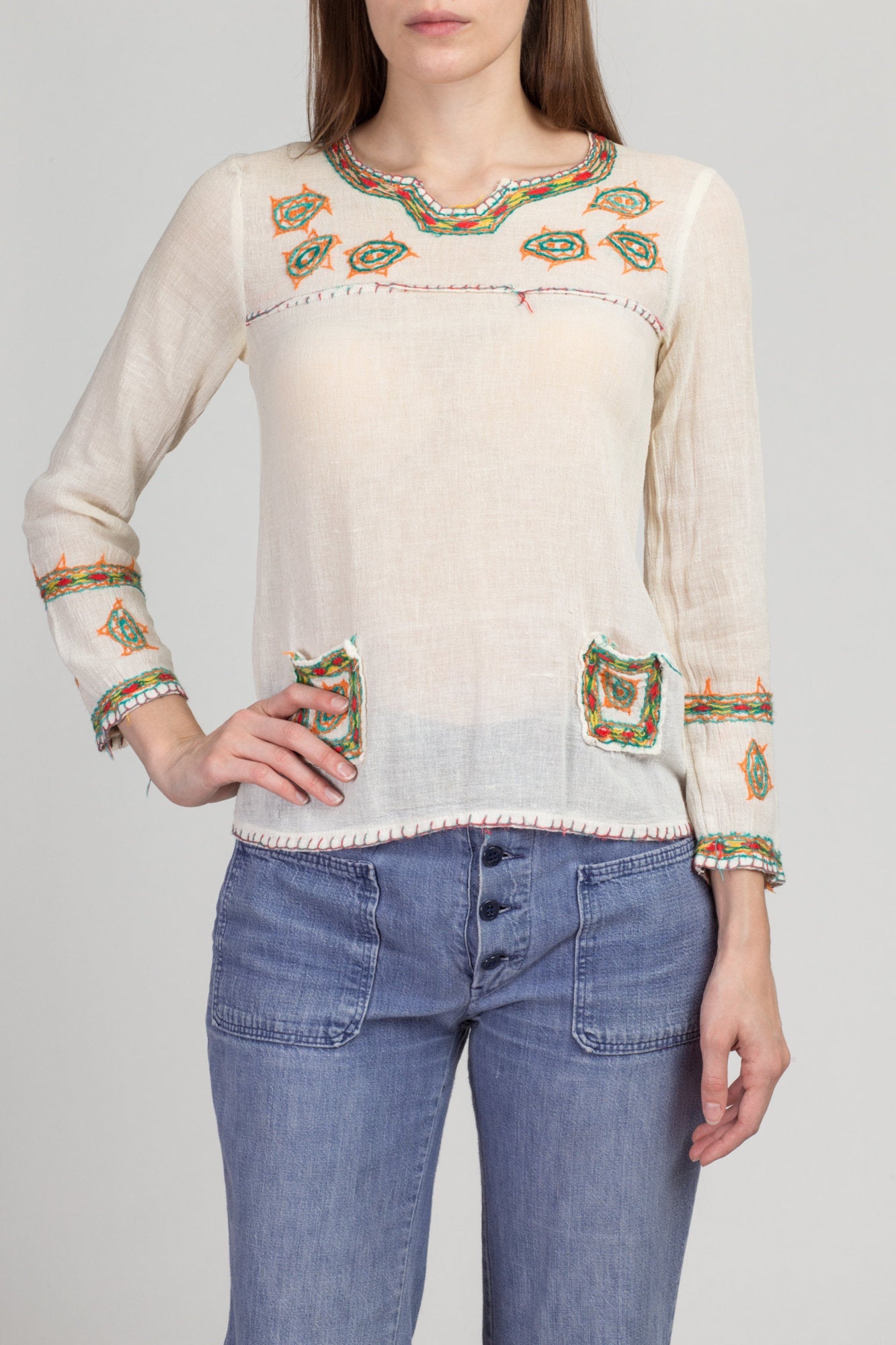 70s Floral Embroidered Peasant Shirt - Small | Vintage Boho Sheer Gauzy Cotton Hippie Blouse