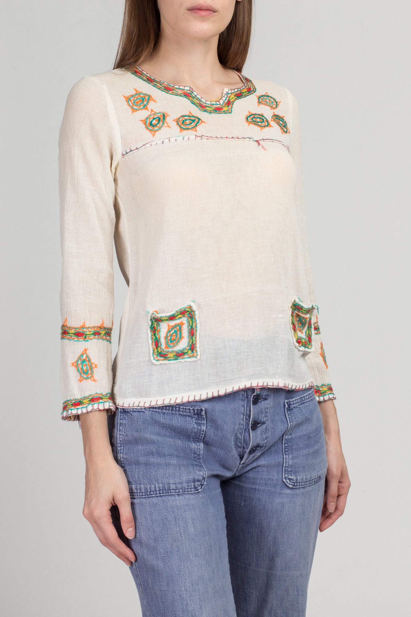 70s Floral Embroidered Peasant Shirt - Small | Vintage Boho Sheer Gauzy Cotton Hippie Blouse