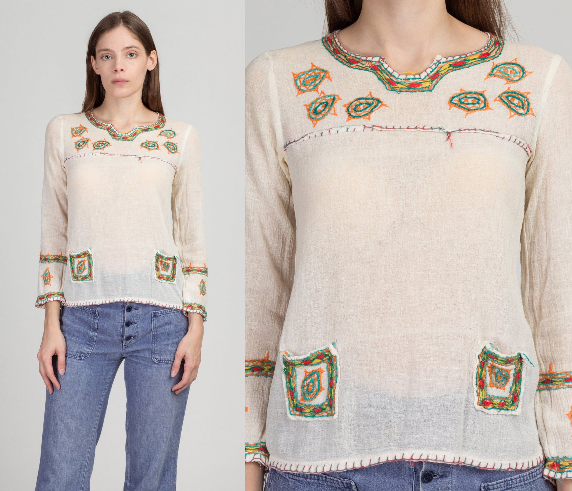 70s Floral Embroidered Peasant Shirt - Small | Vintage Boho Sheer Gauzy Cotton Hippie Blouse