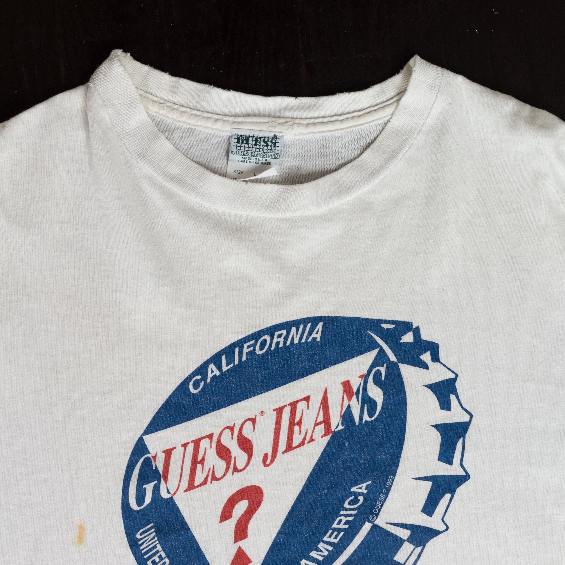 Vintage 90s Guess Jeans T Shirt - Men&#39;s Large, Women&#39;s XL | Distressed Georges Marciano Bottle Cap Graphic Tee