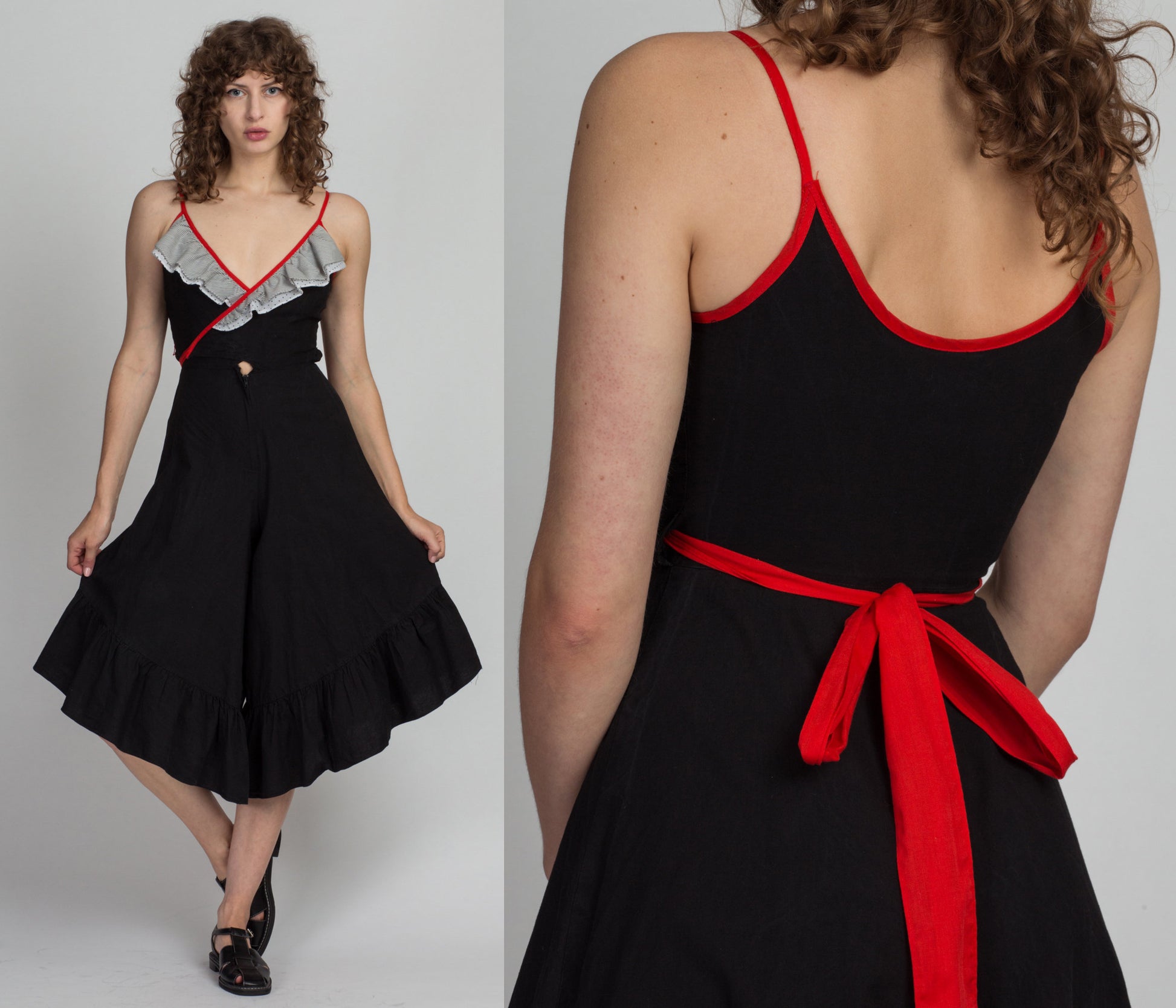 70s Culotte Leg Wrap Jumpsuit - Petite XS | Vintage Black White & Red Ruffle Sleeveless Pantsuit