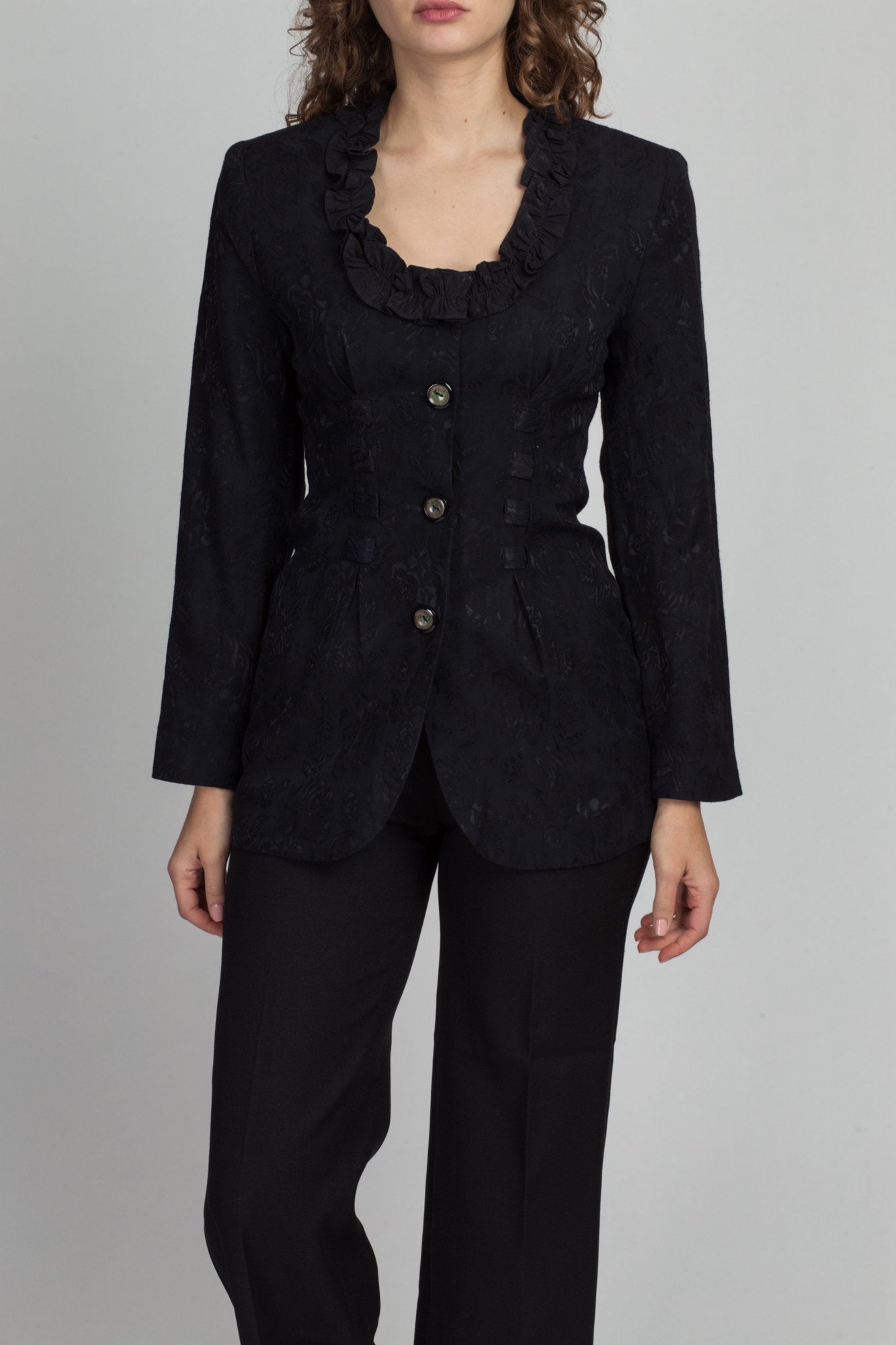 80s Black Jacquard Ruffle Neck Blazer Top - Small | Vintage Long Sleeve Pleated Blouse