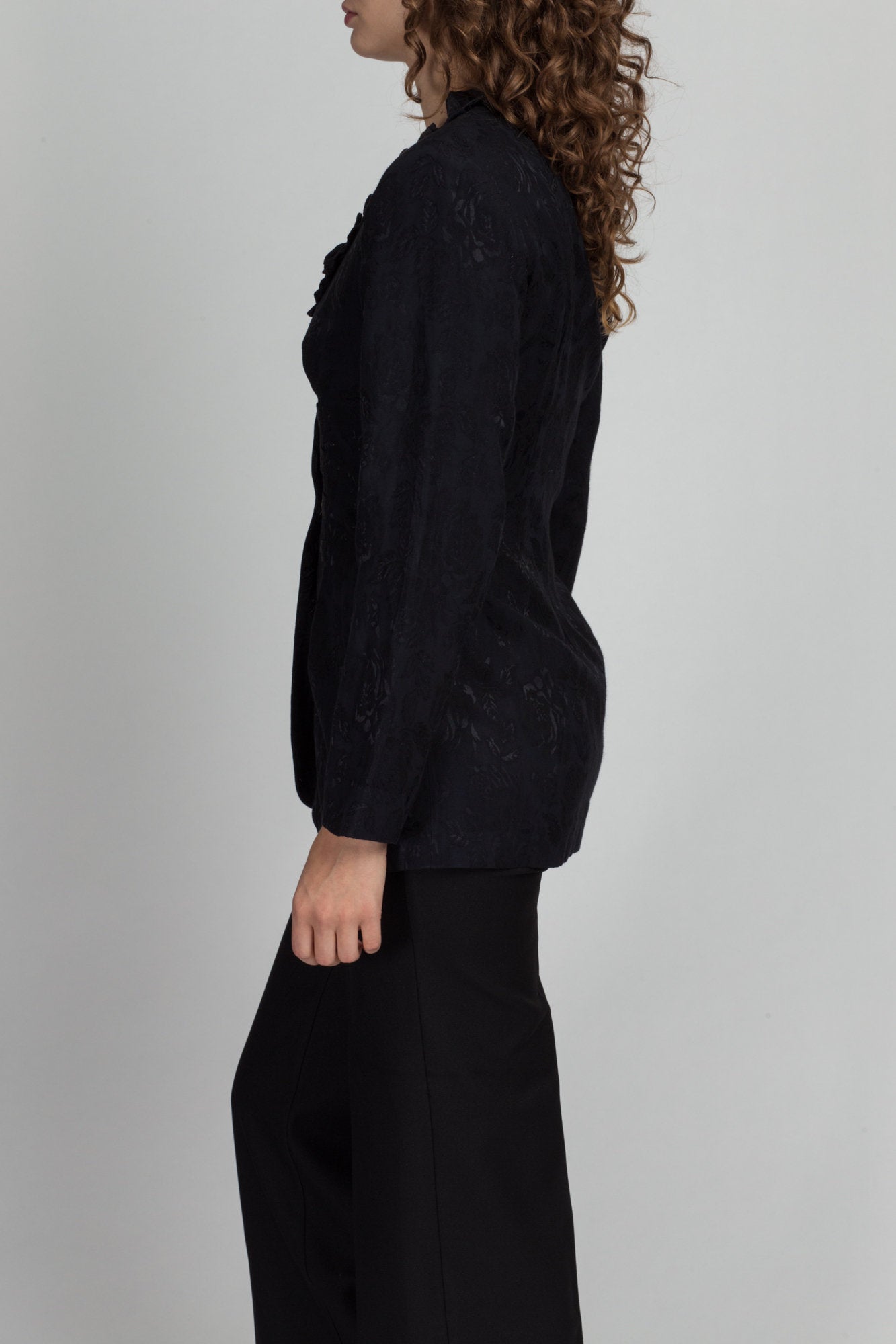 80s Black Jacquard Ruffle Neck Blazer Top - Small | Vintage Long Sleeve Pleated Blouse