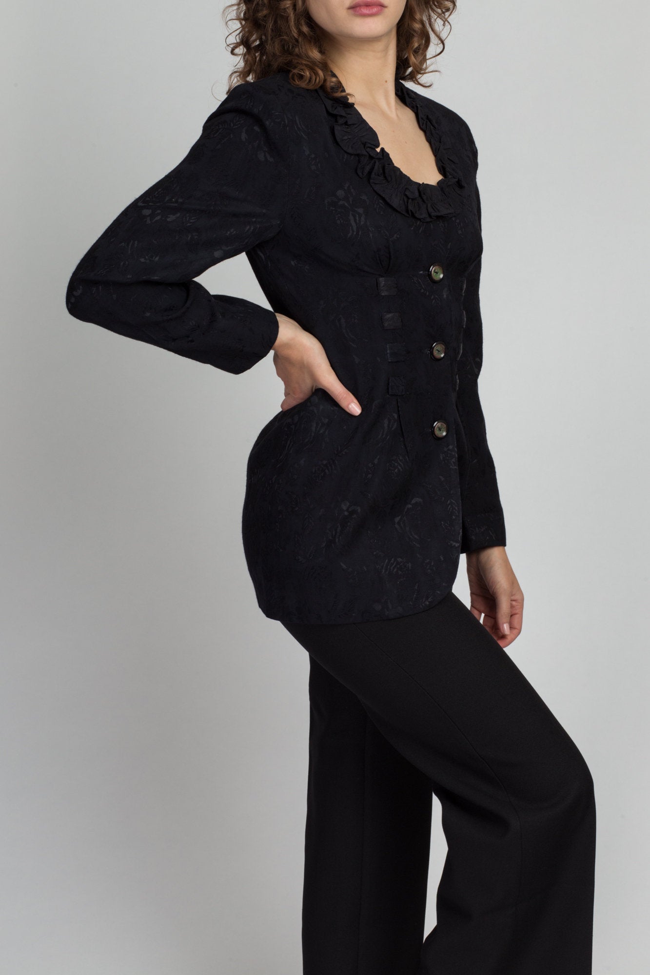 80s Black Jacquard Ruffle Neck Blazer Top - Small | Vintage Long Sleeve Pleated Blouse