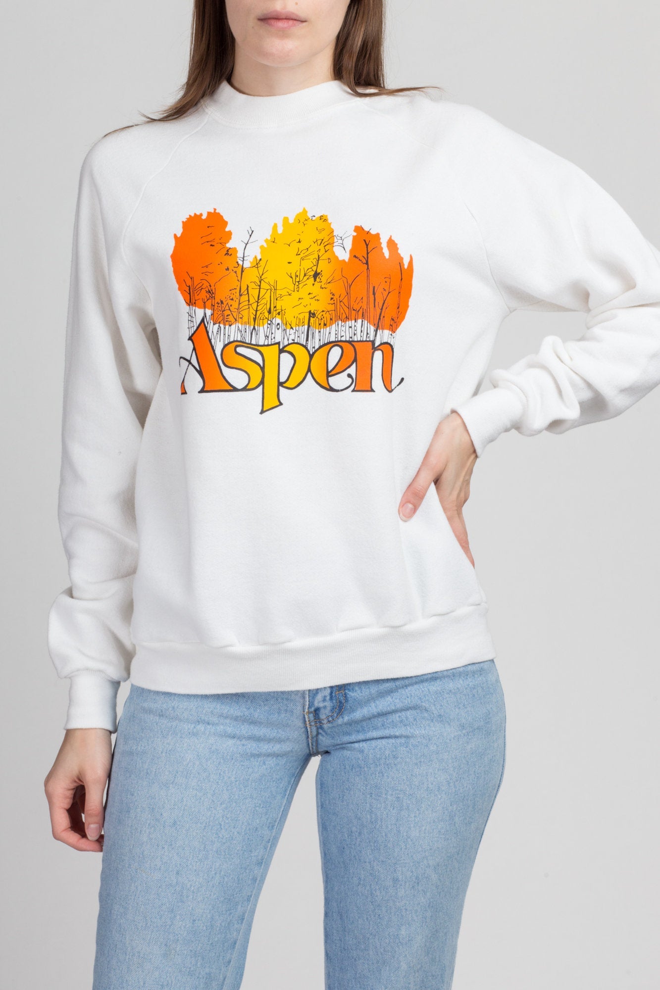 80s Aspen Autumn Leaves Sweatshirt - Medium | Vintage Fall Trees White Raglan Sleeve Graphic Tourist Pullover
