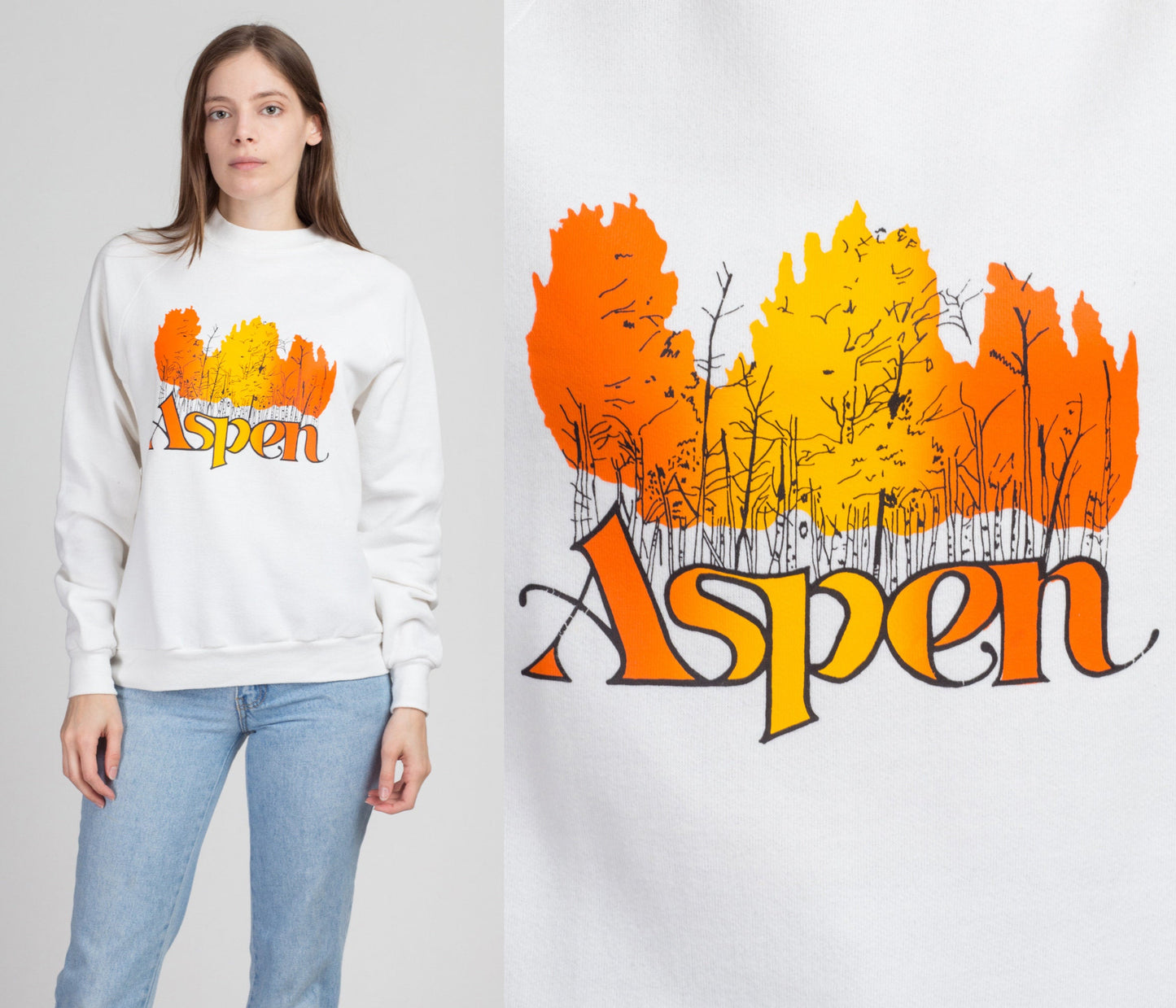 80s Aspen Autumn Leaves Sweatshirt - Medium | Vintage Fall Trees White Raglan Sleeve Graphic Tourist Pullover