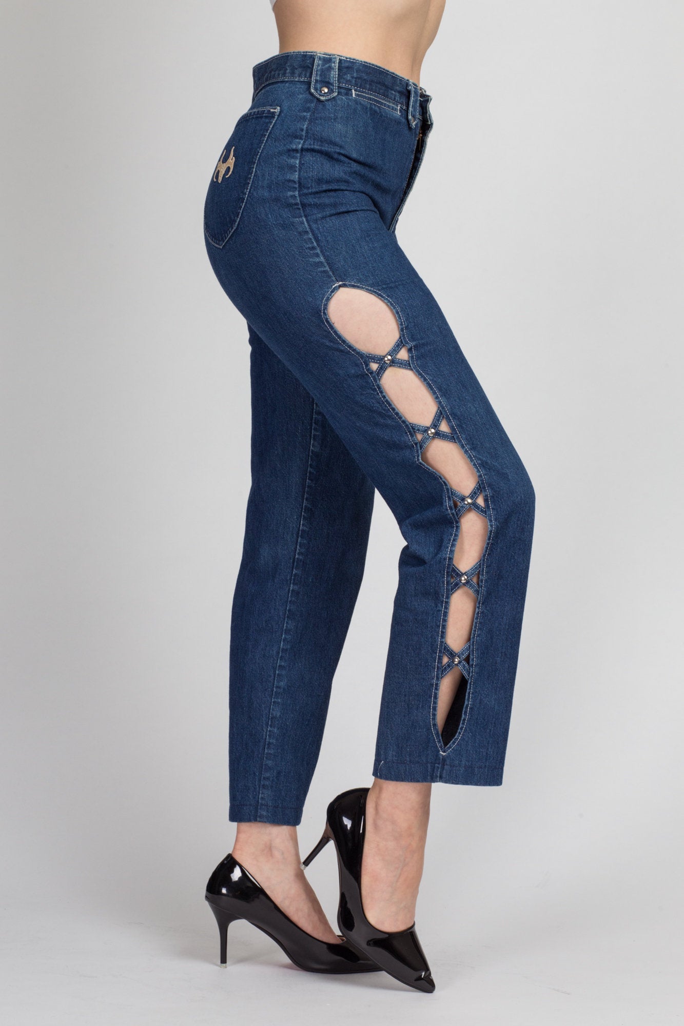 80s Frederick&#39;s Of Hollywood Cut Out Jeans - Medium, 28&quot; | Vintage High Waisted Blue Denim Mom Jeans