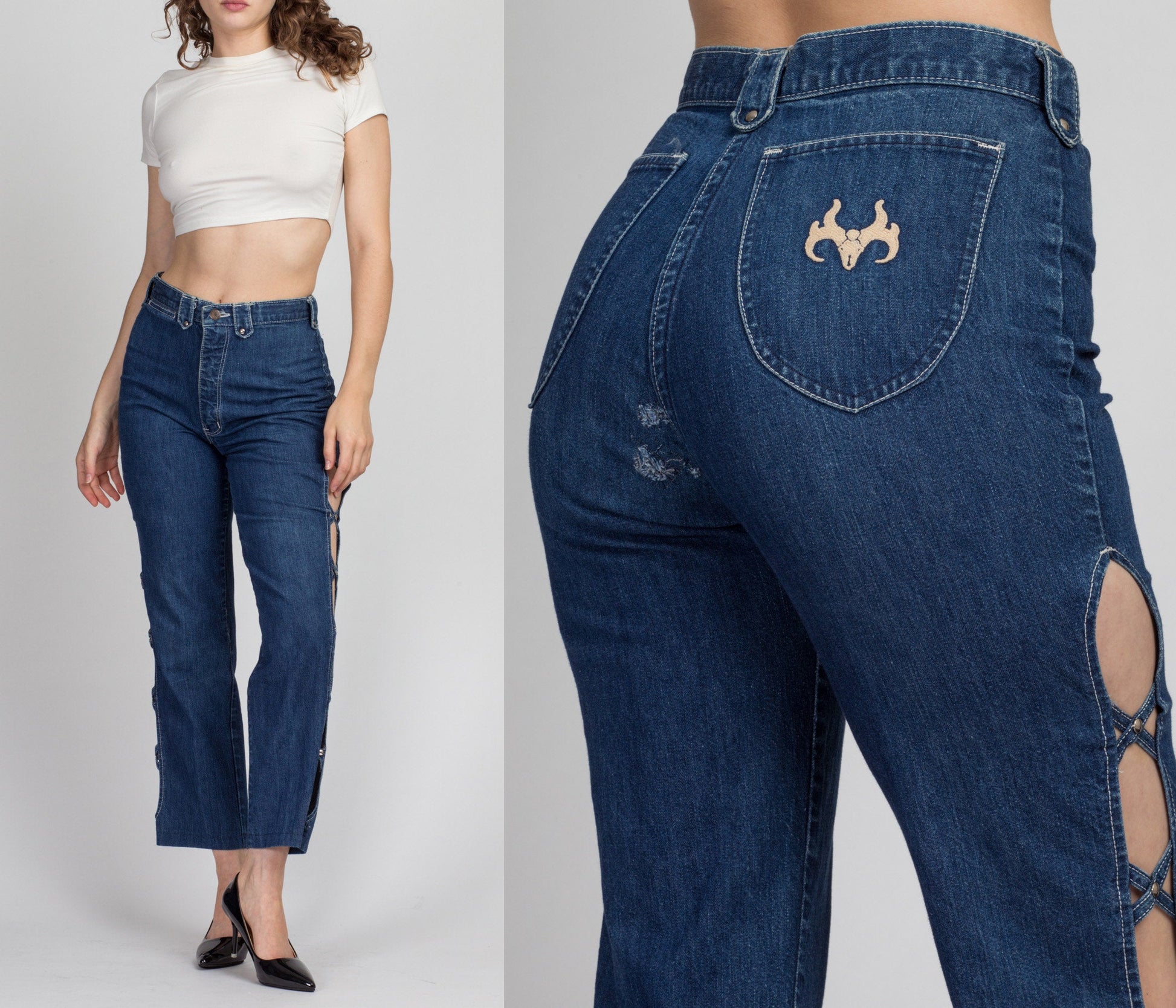 80s Frederick&#39;s Of Hollywood Cut Out Jeans - Medium, 28&quot; | Vintage High Waisted Blue Denim Mom Jeans